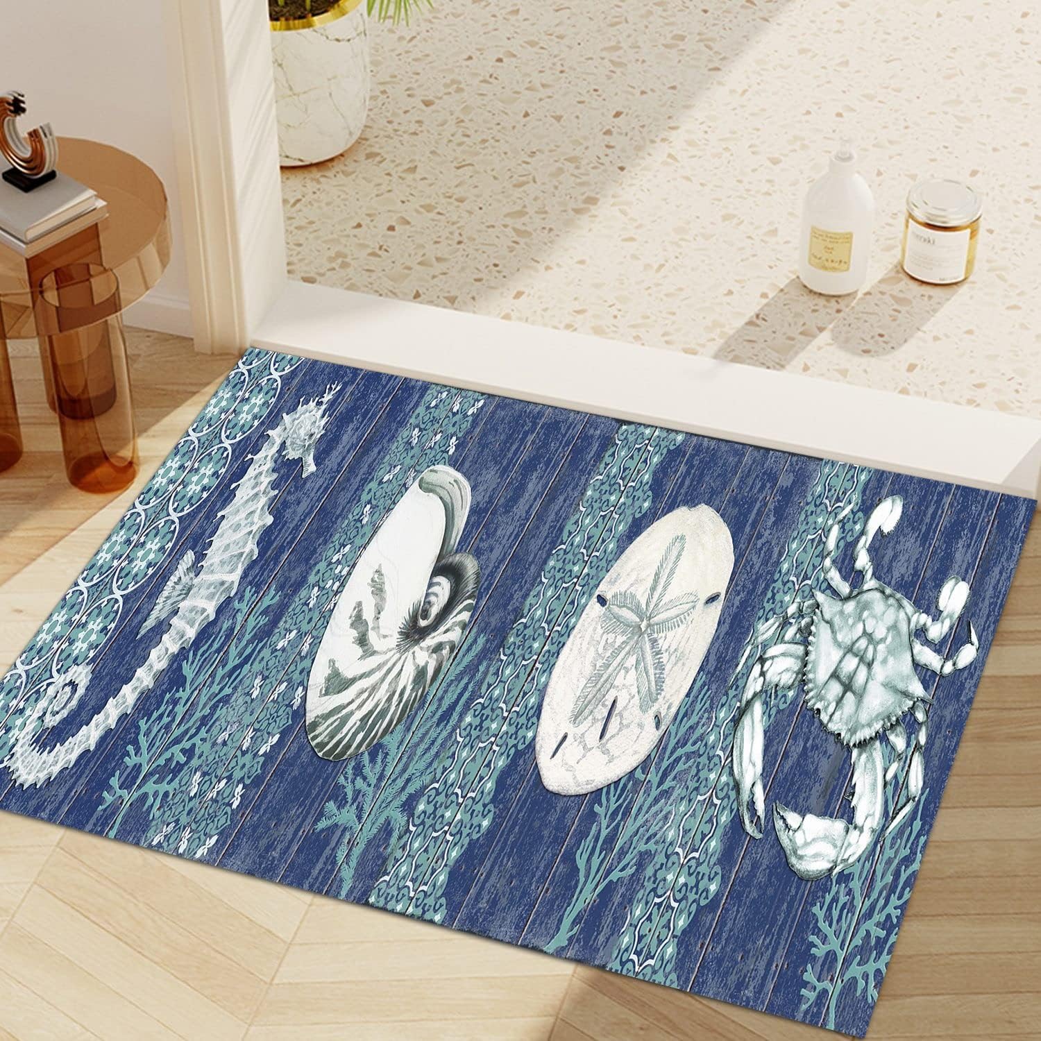 GUBIYU Alfombra rústica costera, alfombra de área de playa con océano, color azul marino, tapete para baño, tapete antideslizante para sala de