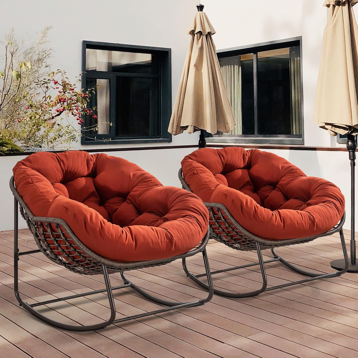 HOMEFUN Juego de 2 mecedoras para patio al aire libre, mecedora Papasan de gran tamaño con cojín acolchado, silla mecedora para porche delantero,