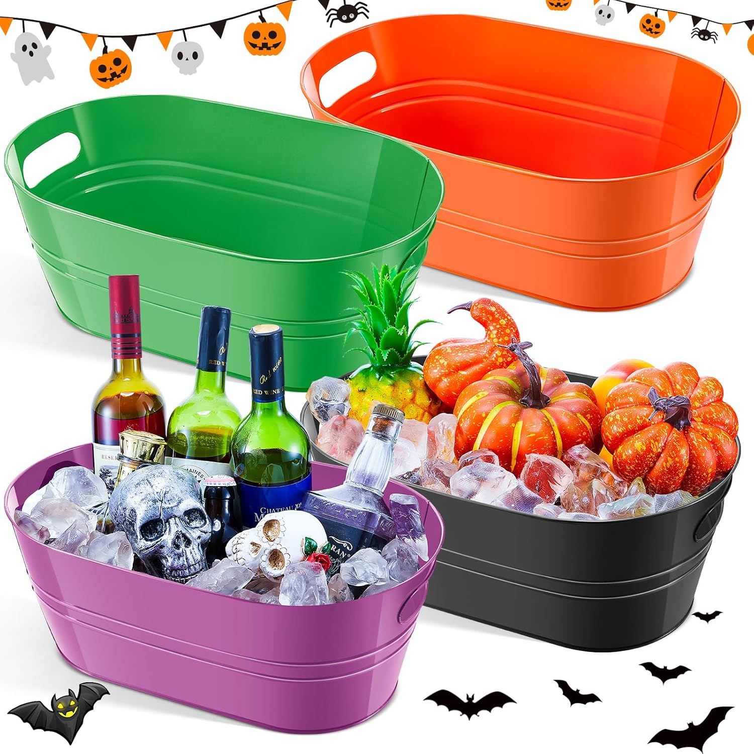 4 cubos de bebidas de Halloween de 4 galones, grandes tinas de hielo para fiestas, recipientes de metal galvanizado para bebidas, cerveza, vino,