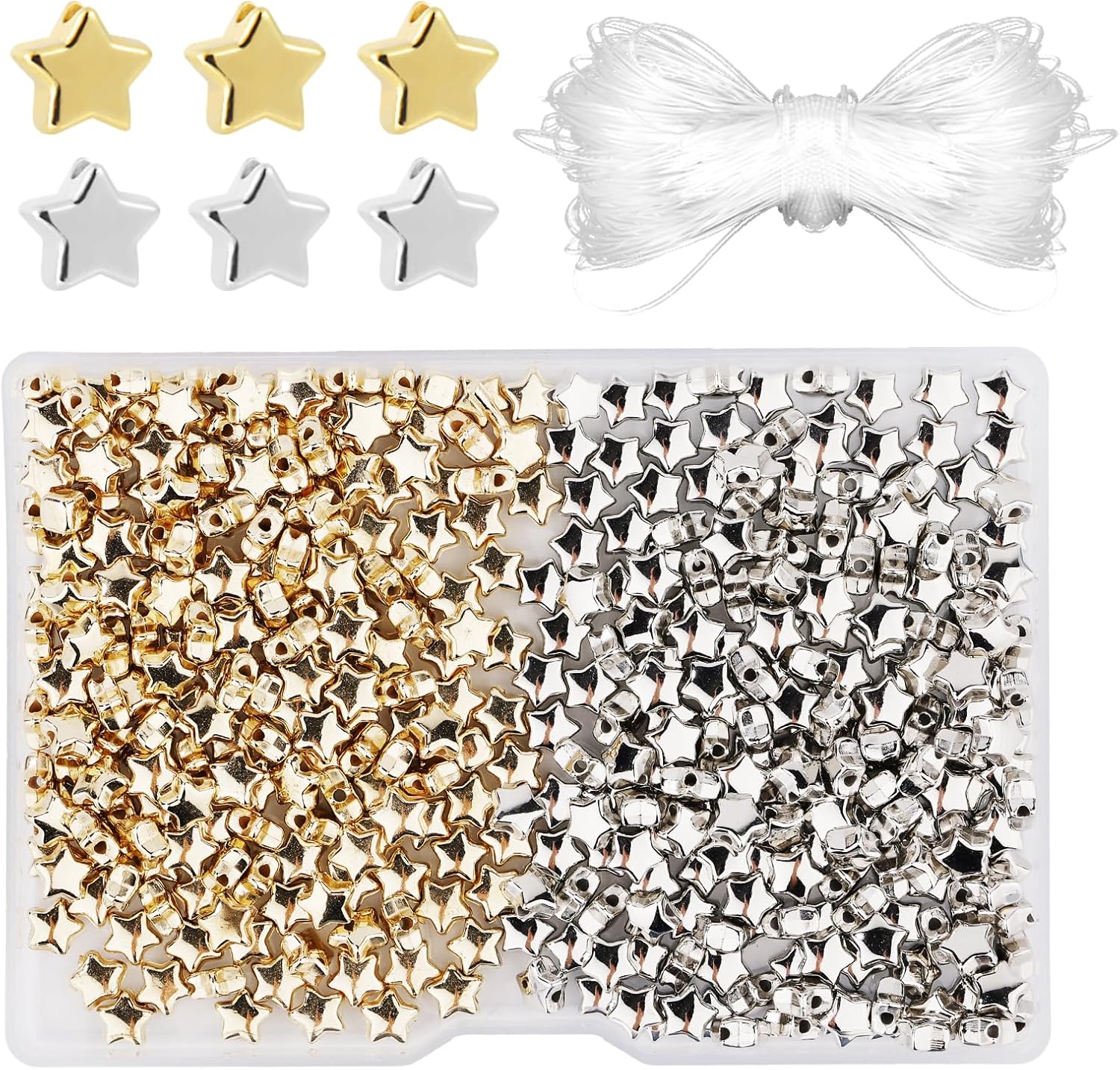 Kit de 400 cuentas espaciadoras de estrella, cuentas en forma de estrella de 0.23 pulgadas con cuerda de cuentas, accesorios para hacer pulseras,
