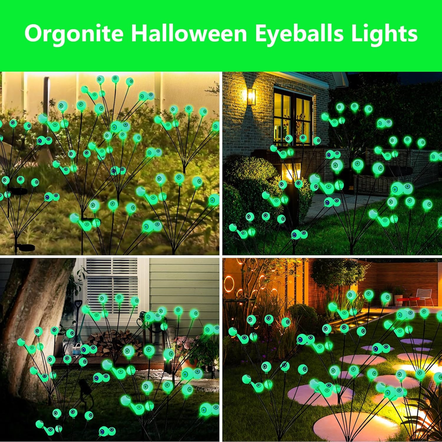 2 luces solares de Halloween para exteriores, luces solares de miedo, verde, morado, rojo, amarillo, luciérnaga, 681012 LED, impermeables, luces