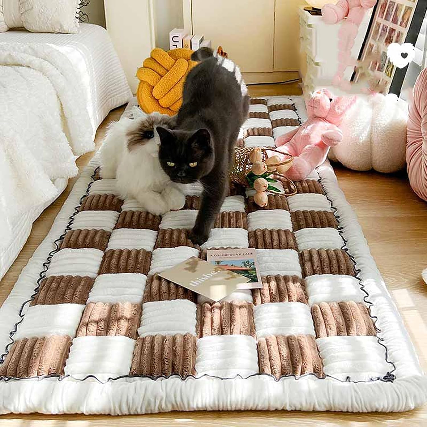 Divertida funda de sofá para mascotas, funda de sofá para mascotas, divertida funda cuadrada de color crema grande a cuadros para mascotas, funda de