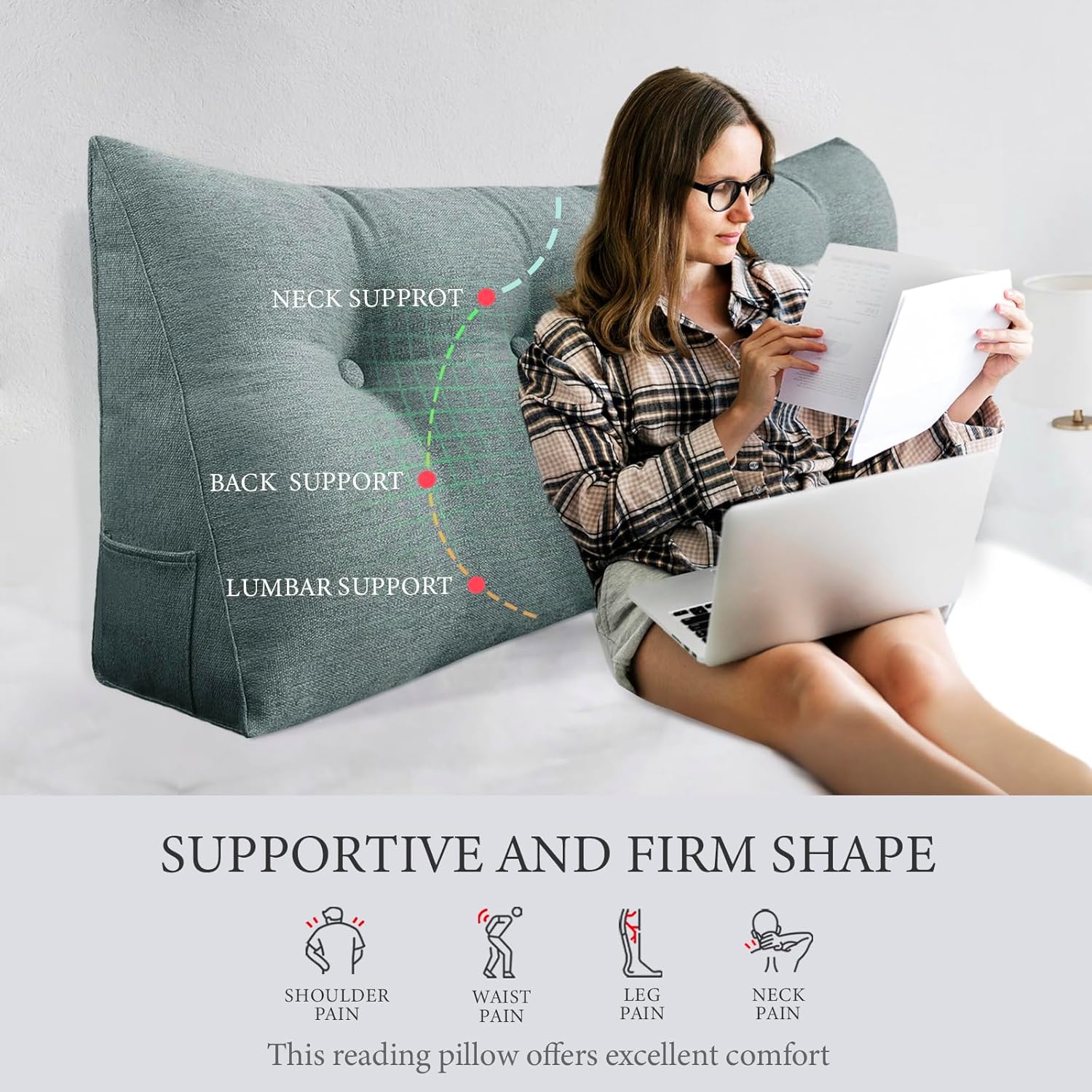 Almohada de cuña para cabecero, almohada de lectura para respaldo cómodo, almohada triangular de lectura con bolsillo lateral, almohadas de respaldo
