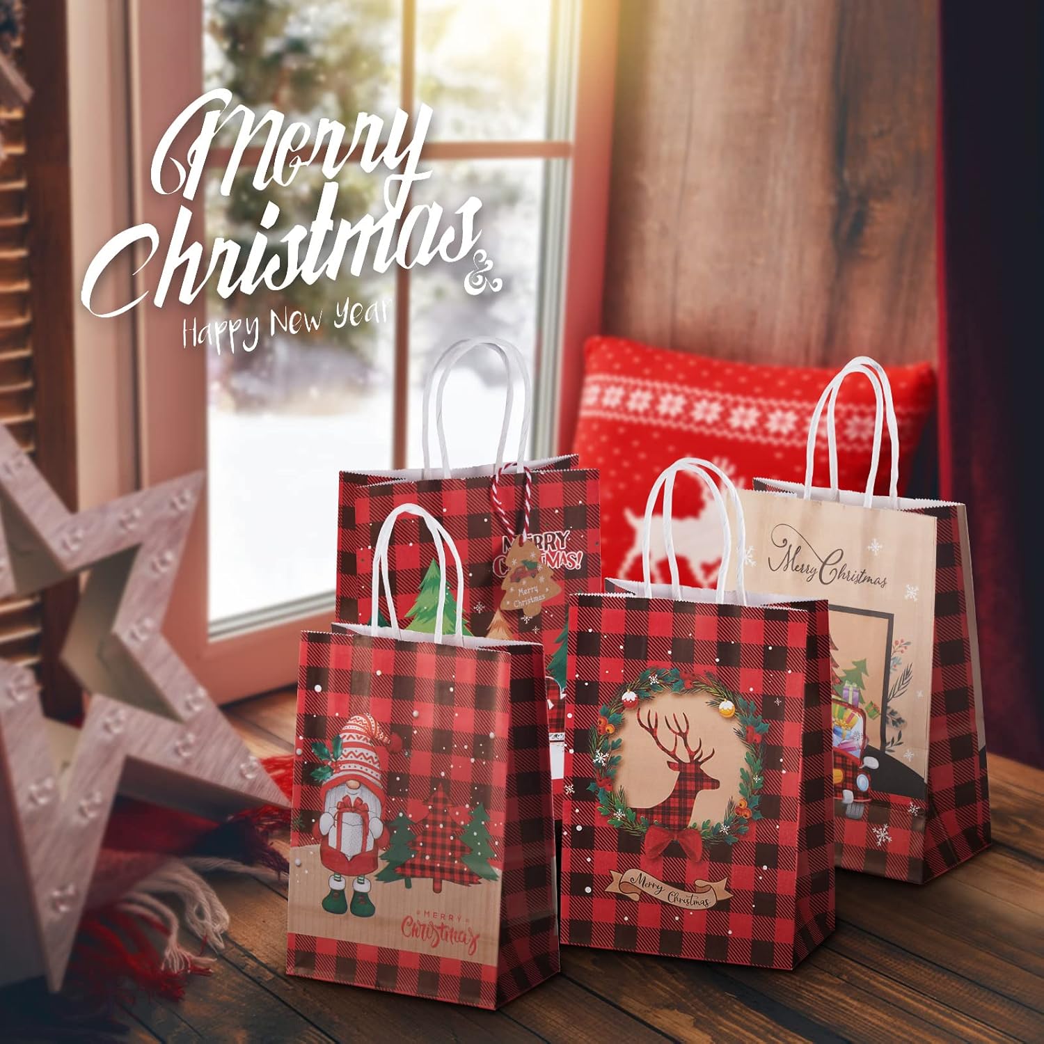 Maetrin 12 bolsas pequeñas de regalo de Navidad reutilizables, 4 estilos, bolsas de papel kraft de Navidad con asa a granel para regalos de fiesta