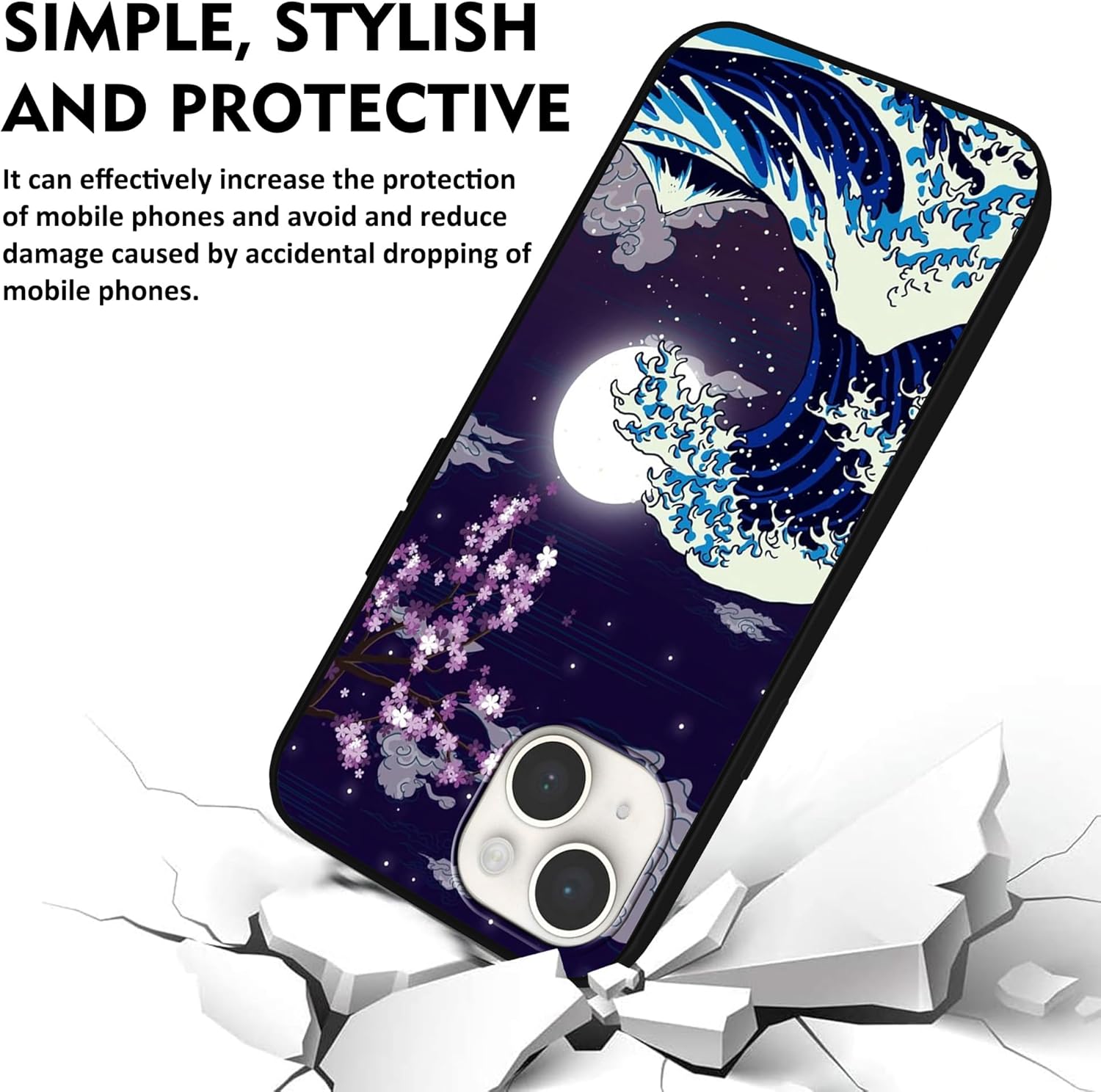 MSEAANBK Funda diseñada para iPhone 15 Plus, funda japonesa con patrón de luna de cerezo y flor para hombres, mujeres, niños y niñas, TPU suave, a