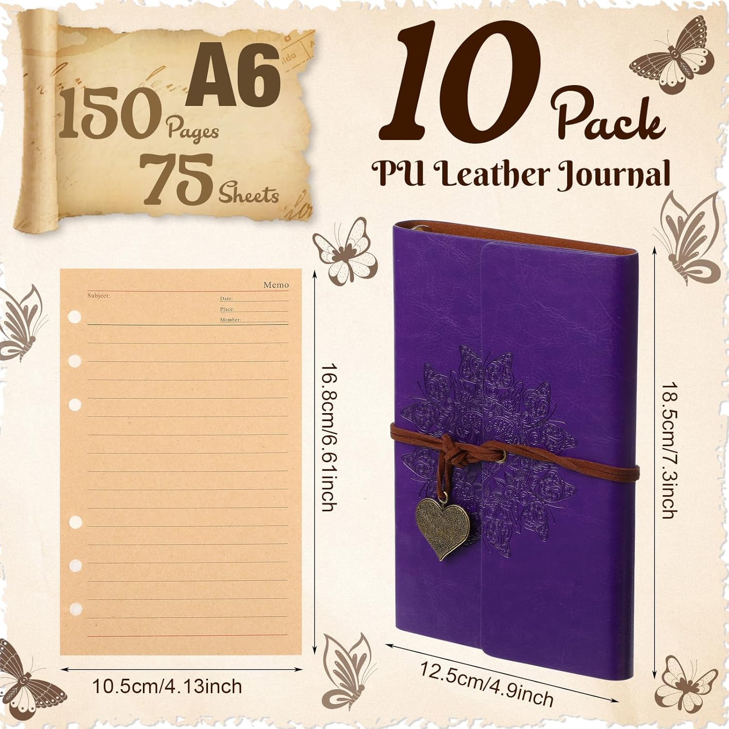 Yeaqee Paquete de 10 cuadernos de piel sintética recargables, diario vintage de viaje, 6 anillas, diario con páginas forradas, diario de escritura