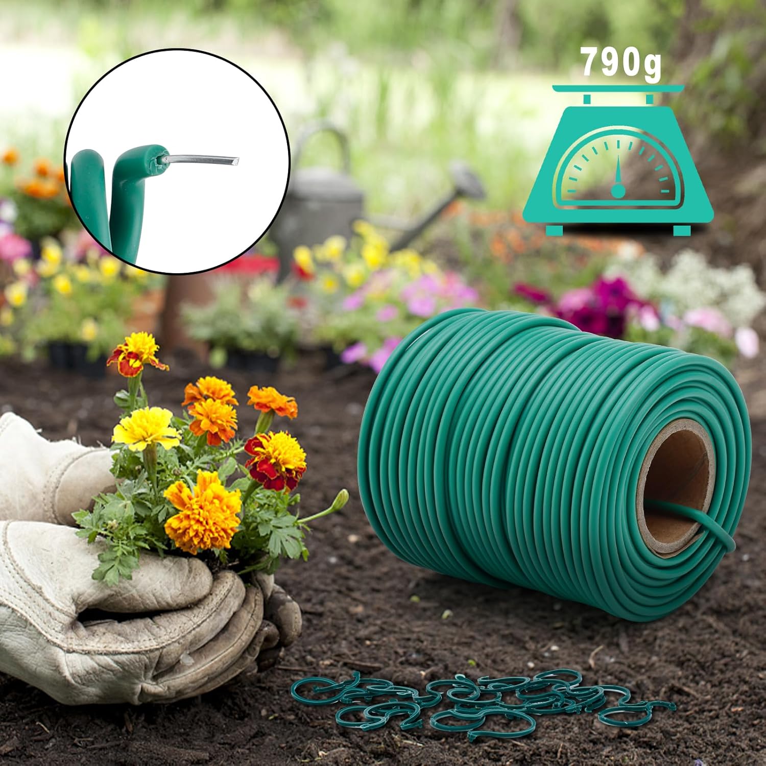 TELENT OUTDOORS Lazos suaves de 160 pies para plantas, lazos verdes con 20 clips para plantas, jardinería, organización de oficina en casa, cordel