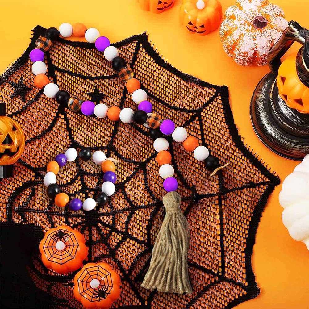 150 cuentas redondas de madera de Halloween, cuentas coloridas a cuadros de búfalo, cuentas espaciadoras de madera rústicas con cuerda de cáñamo