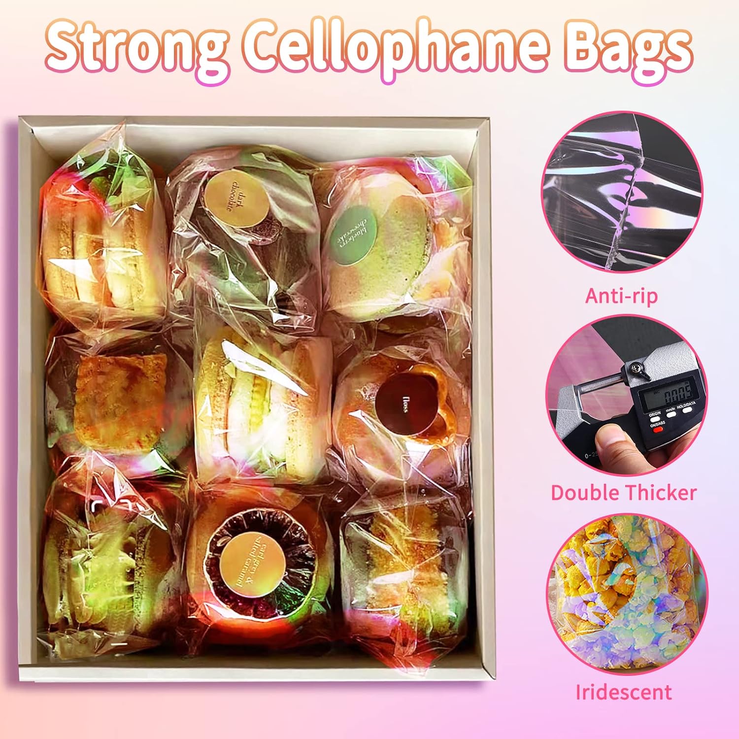 SUREHOME Bolsas para galletas con sellado, 100 unidades, 5 x 6 pulgadas, holográficas, iridiscentes, autoadhesivas, bolsas de celofán resellables,