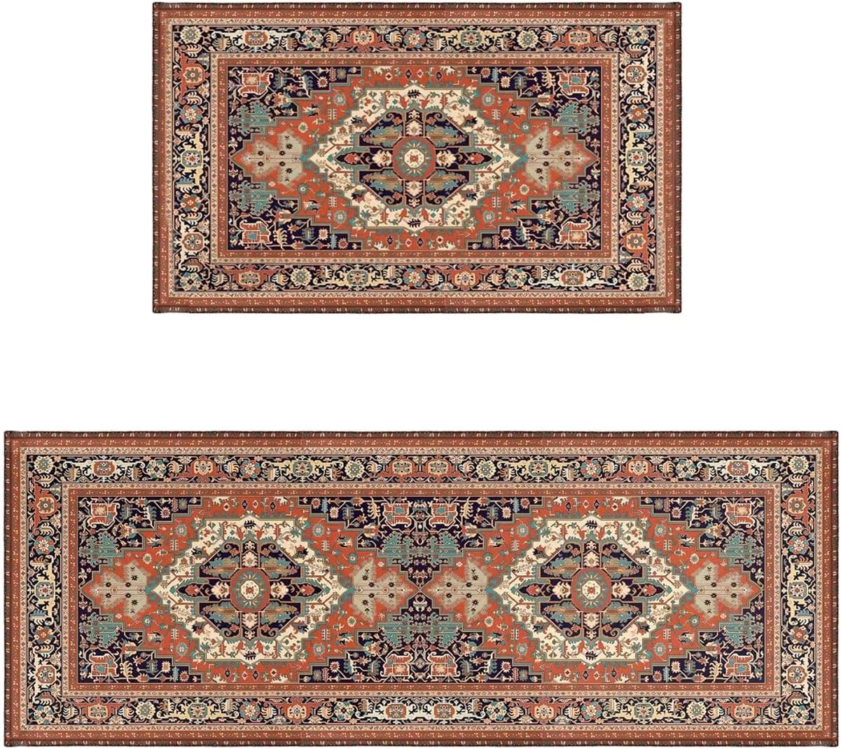 Juego de 2 alfombras persas de cocina, antideslizantes, lavables, para medallón oriental, bohemio, tapetes de cocina para piso, decoración retro