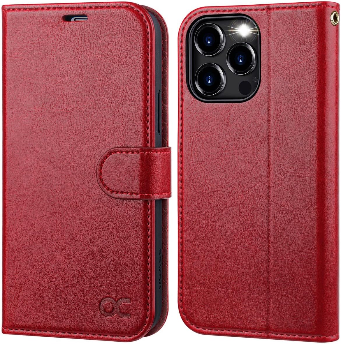 OCASE Funda tipo cartera compatible con iPhone 15 Pro, de piel sintética, con tarjetero, bloqueo RFID, soporte para teléfono carcasa interior de TPU