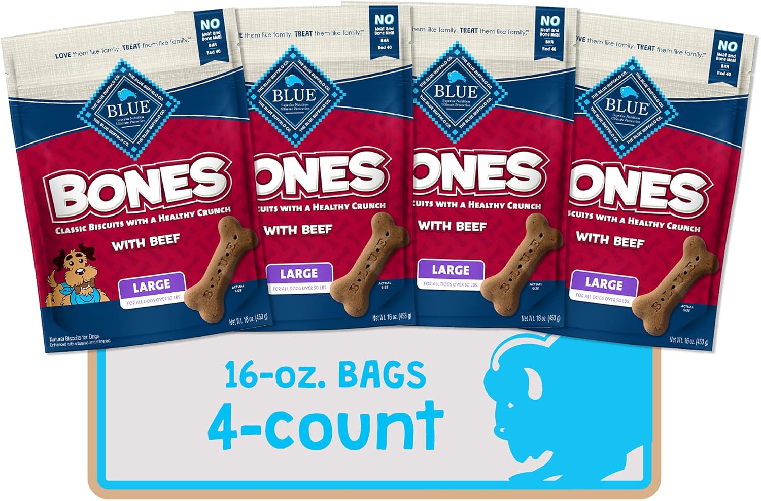 Blue Buffalo Bones – Golosinas naturales crujientes para perros, galletas grandes para perros, carne de res (bolsa de 16 onzas, 4 unidades)