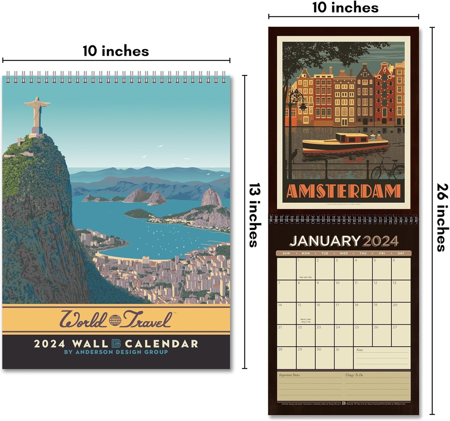 Americanflat Calendario 2024  Diseño de destinos de viaje mundial  Calendario de pared grande con formato mensual  Calendario mensual colgante  10 x