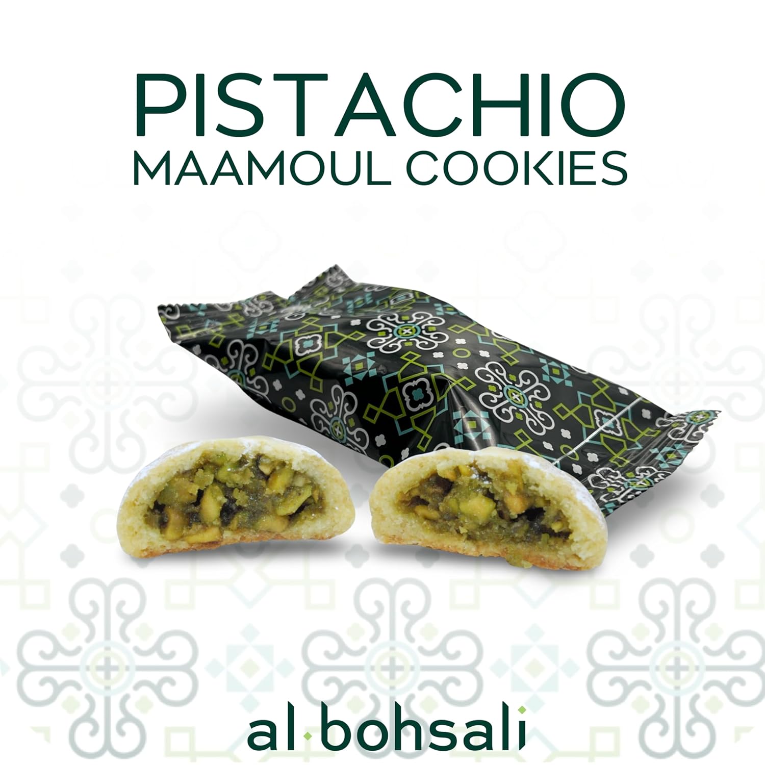 Al Bohsali Galletas de mantequilla rellenas de pistacho Maamoul 12 bolsas individuales