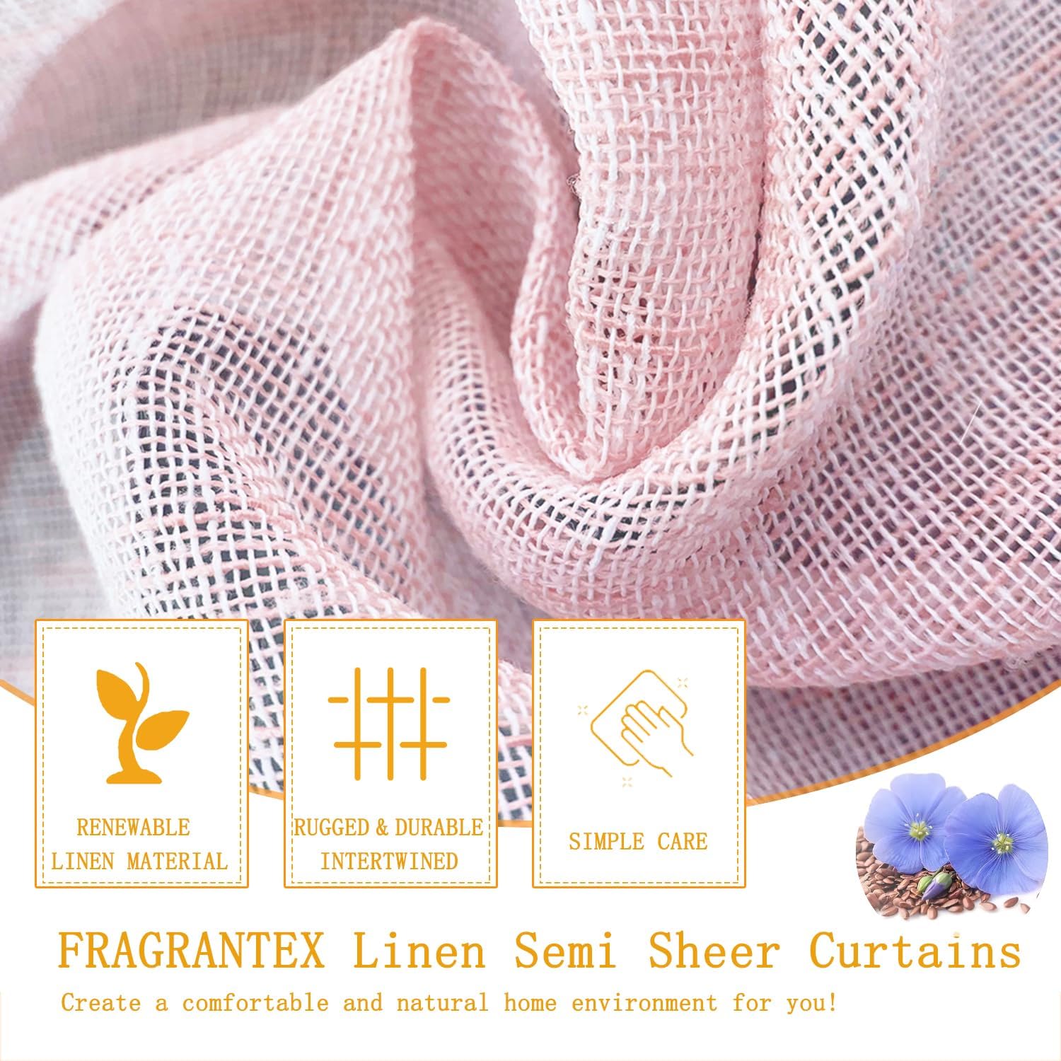 Fragrantex Cortina semitransparente con textura de lino rosa rubor con ojales de 84 pulgadas de largo para dormitorio, sala de estar, patio,