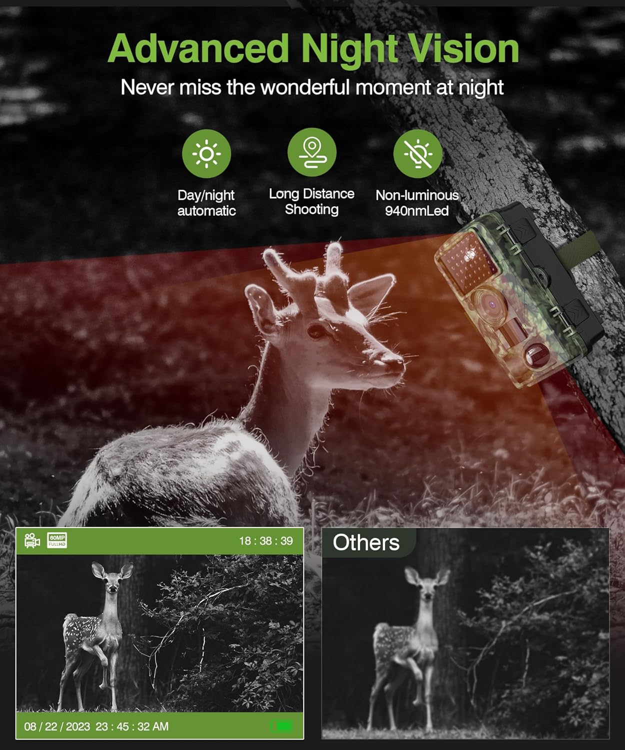 Cámara de sendero cámara de juego WiFi de 8K 60MP con tiempo de disparo de 0.3s, LED de 850 nm para cámara de caza de visión nocturna, aplicación de