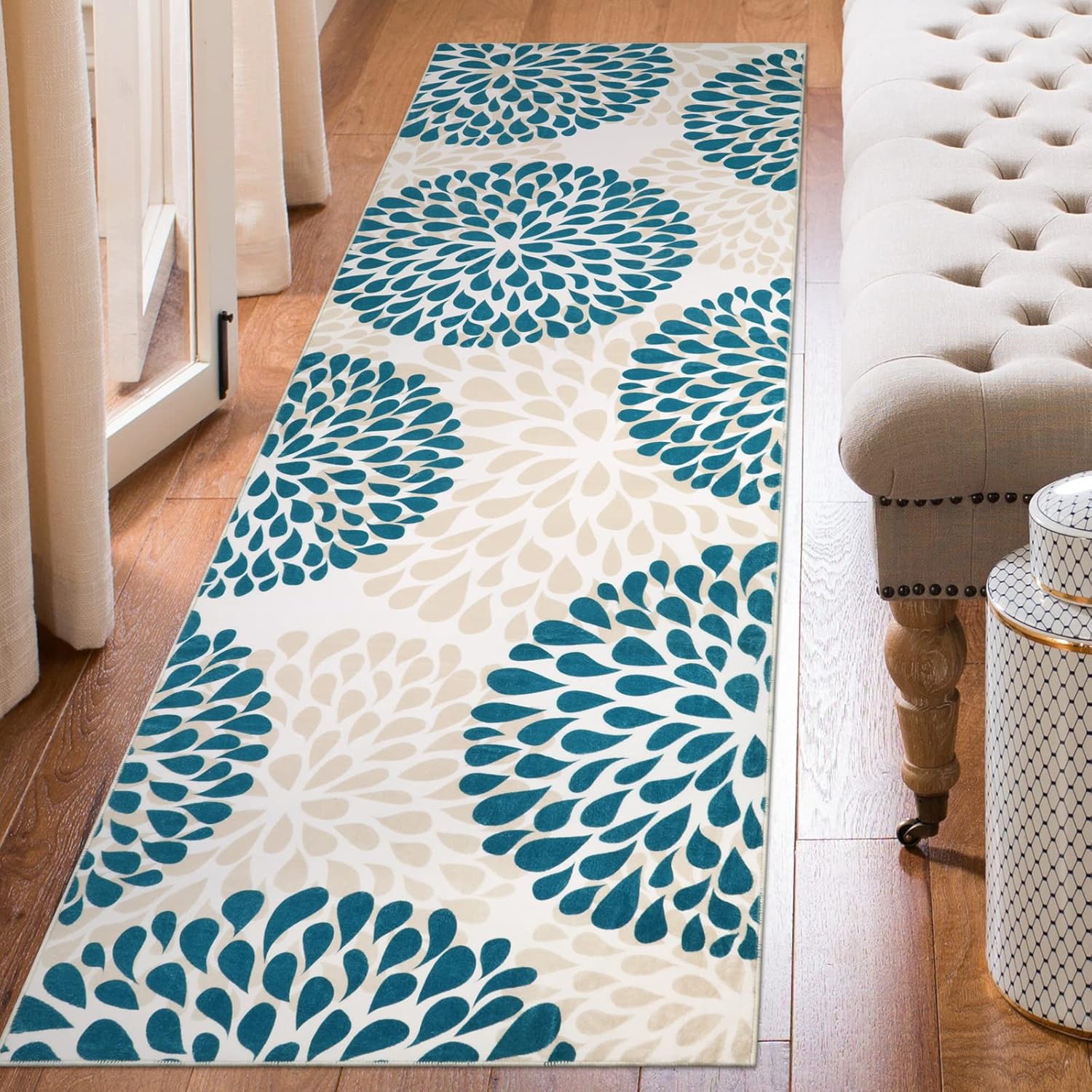 Alfombra de pasillo lavable de 2.5 x 8 pulgadas, moderna alfombra floral para pasillo, suave, antideslizante, de pelo bajo, alfombra de cocina