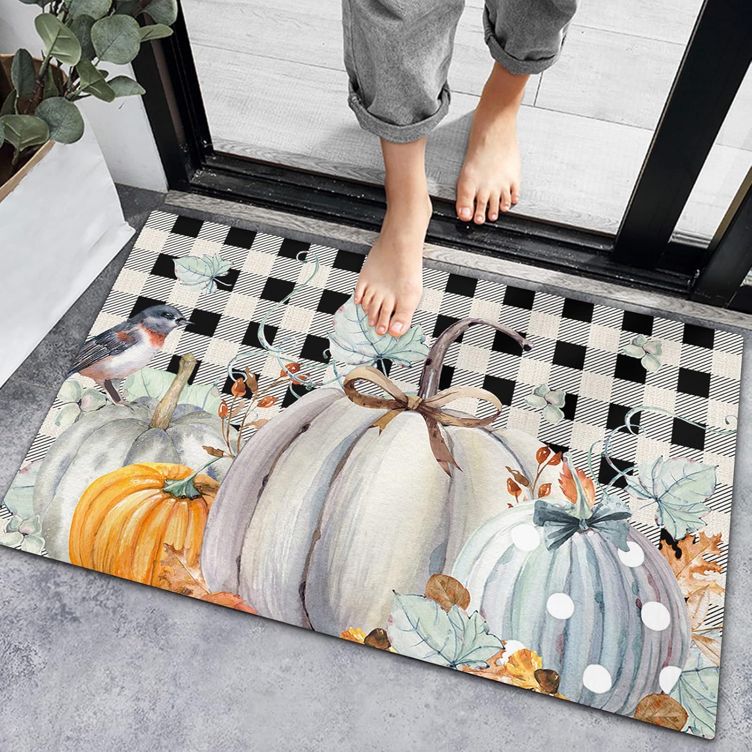 Bath Rugs Entrance Non Slip Front Door Mat Thanksgiving Pumpkin Maple Leaf Bird Kitchen Carpets Black White Buffalo Plaid Floor Mats for Bathroom