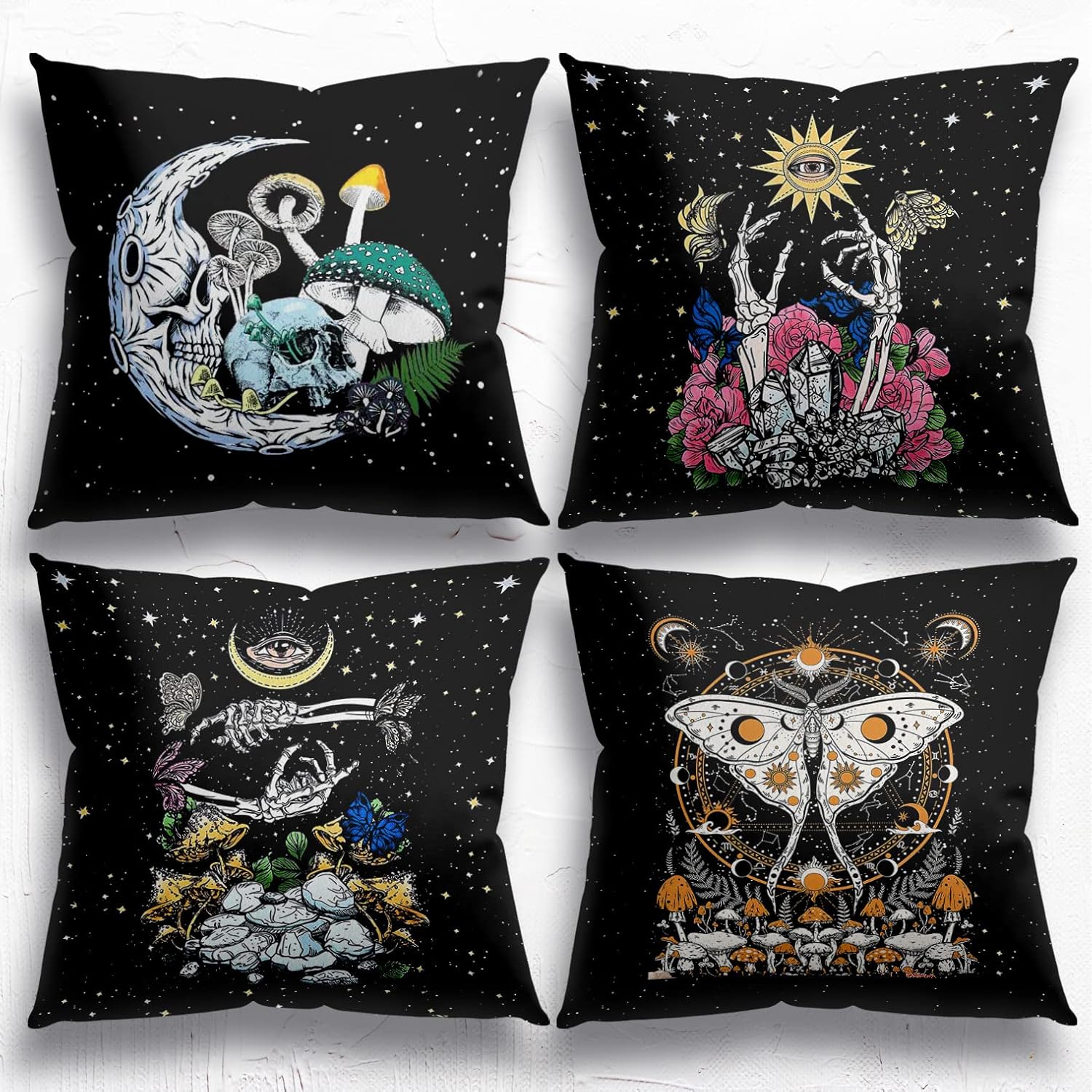 Juego de 4 fundas de almohada góticas de 18 x 18 pulgadas, diseño de calavera, decoración gótica, fundas de almohada de tarot, fundas de almohada