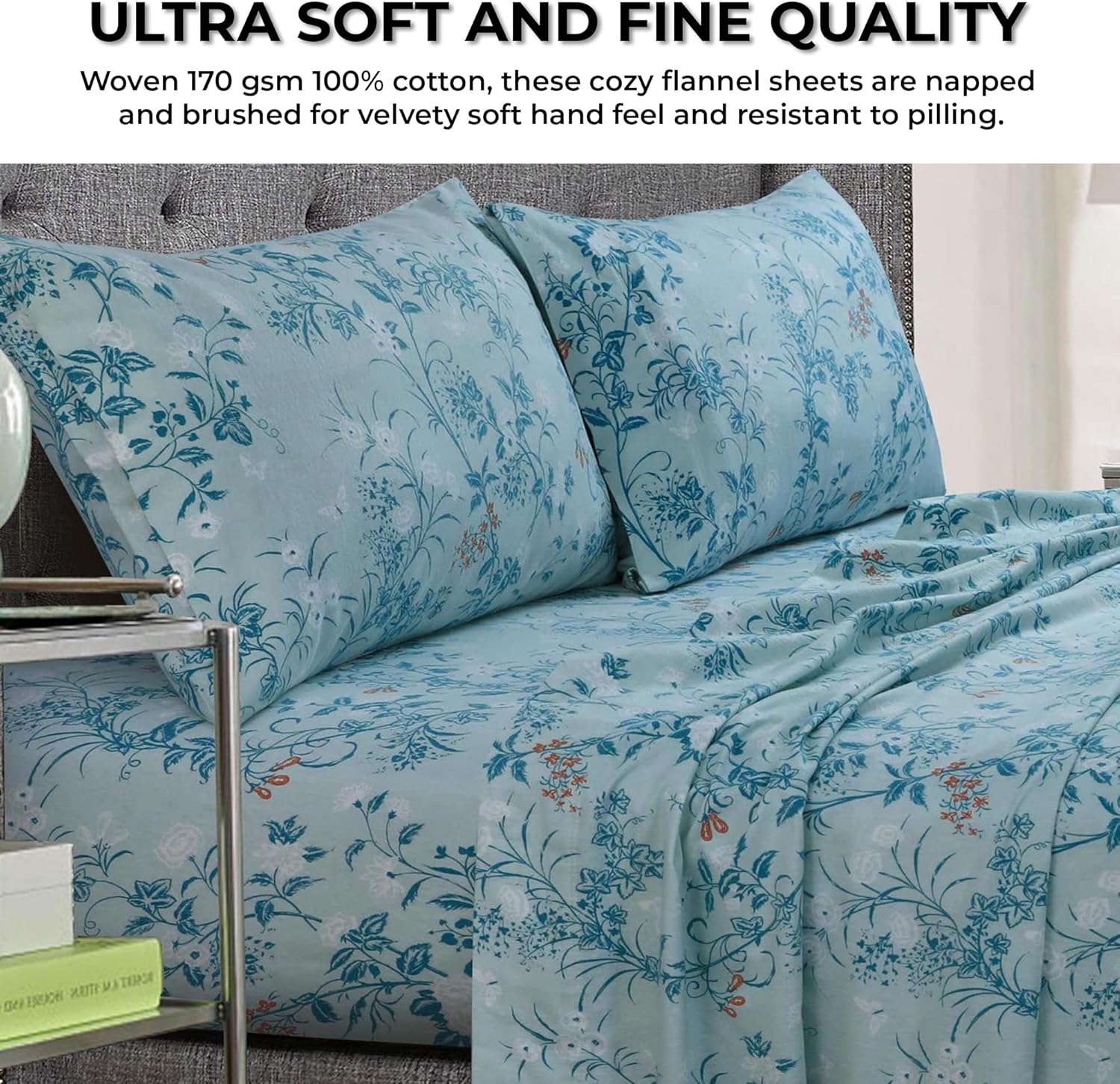 Tribeca Living Katy Floral – Juego de sábanas de franela extra profundo de 170 GSM, tamaño individual XL, color verde (KATYSHETWXBL)