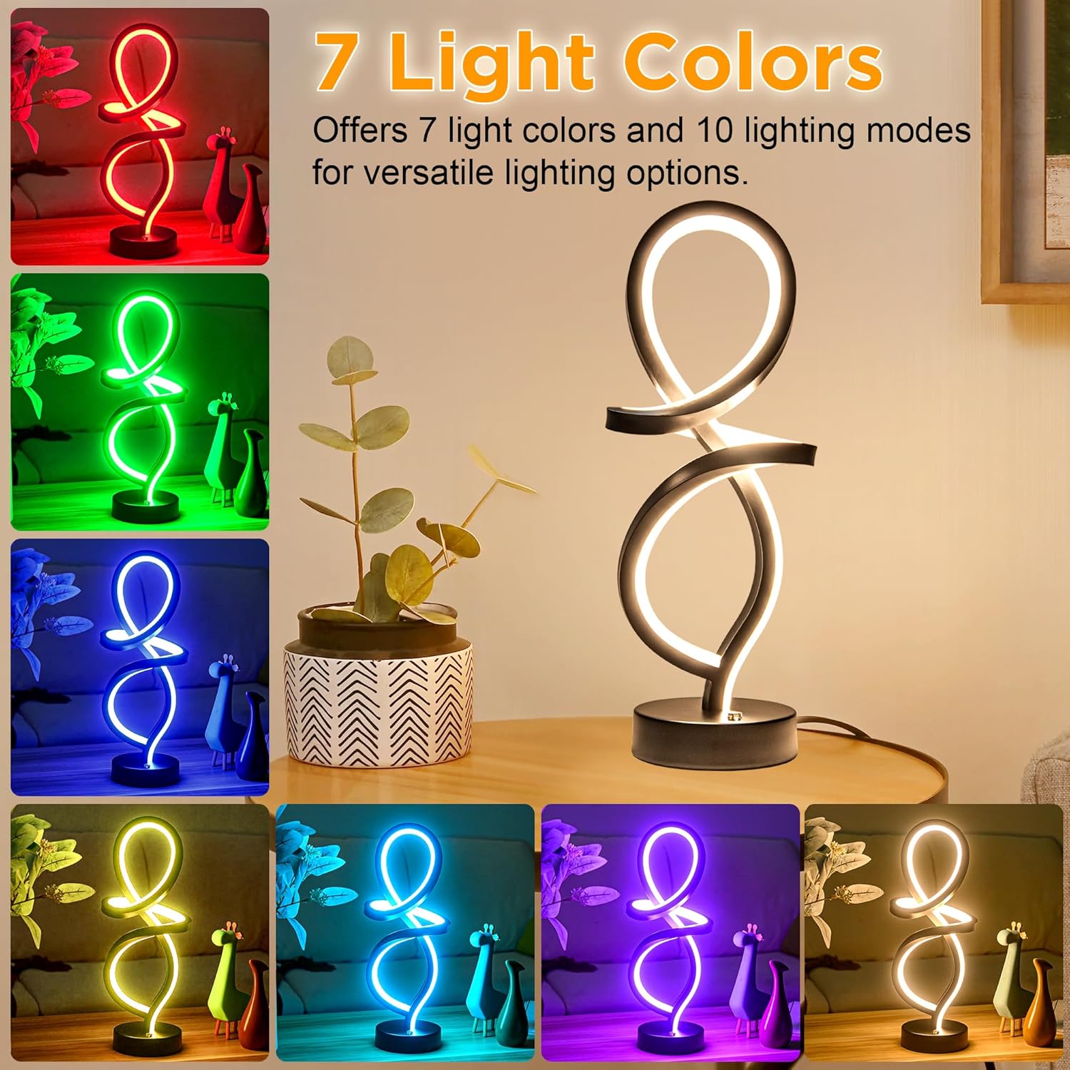Lámpara de mesa moderna, lámpara LED en espiral, lámpara de mesa RGB, lámpara de noche negra con 7 colores, 10 modos de luz, lámpara de mesita de