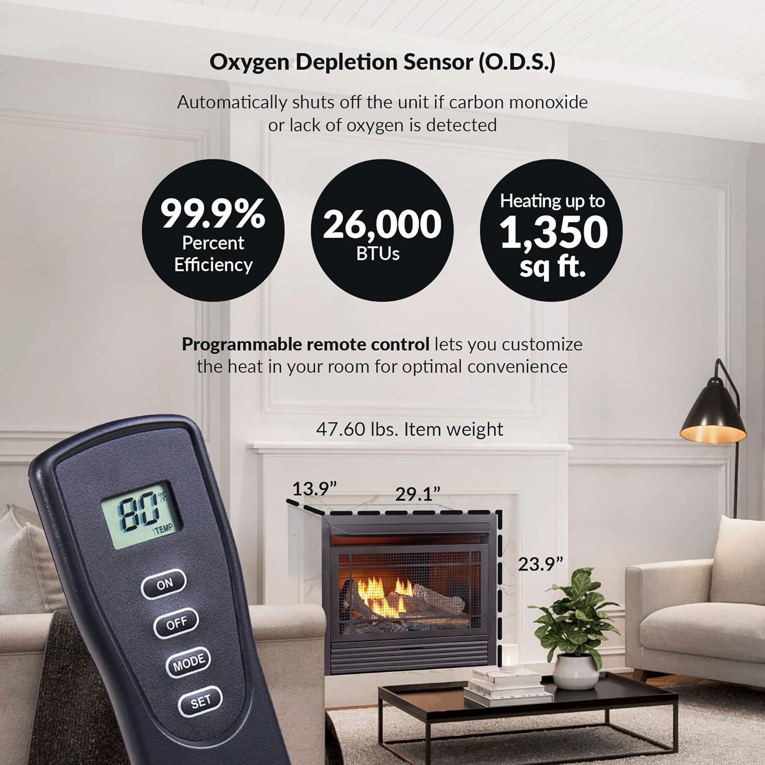 Duluth Forge hogar sin ventilación 26,000BTU, control remoto.