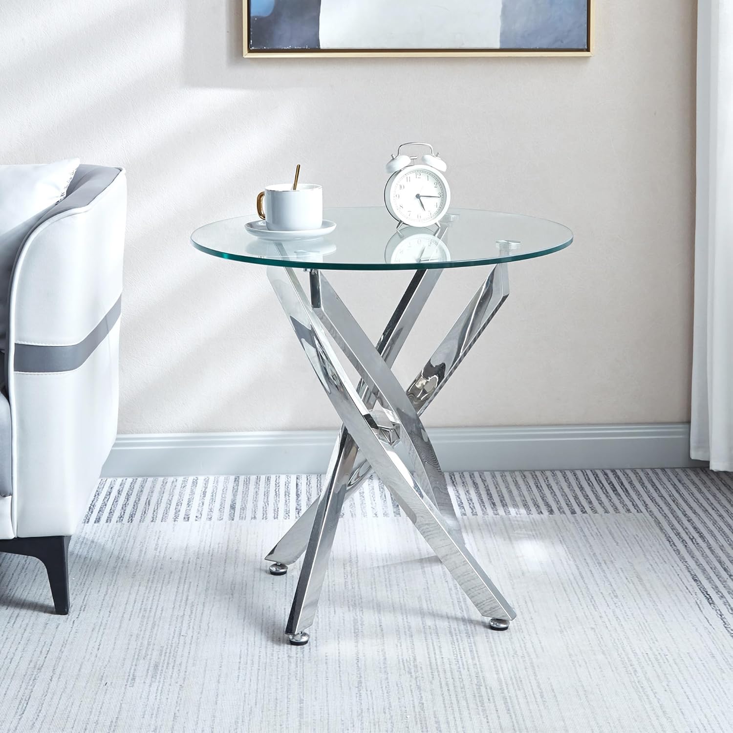 SSLine Mesa auxiliar redonda de vidrio con base plateada, pedestal de vidrio templado transparente, mesa auxiliar de lujo para sala de estar,