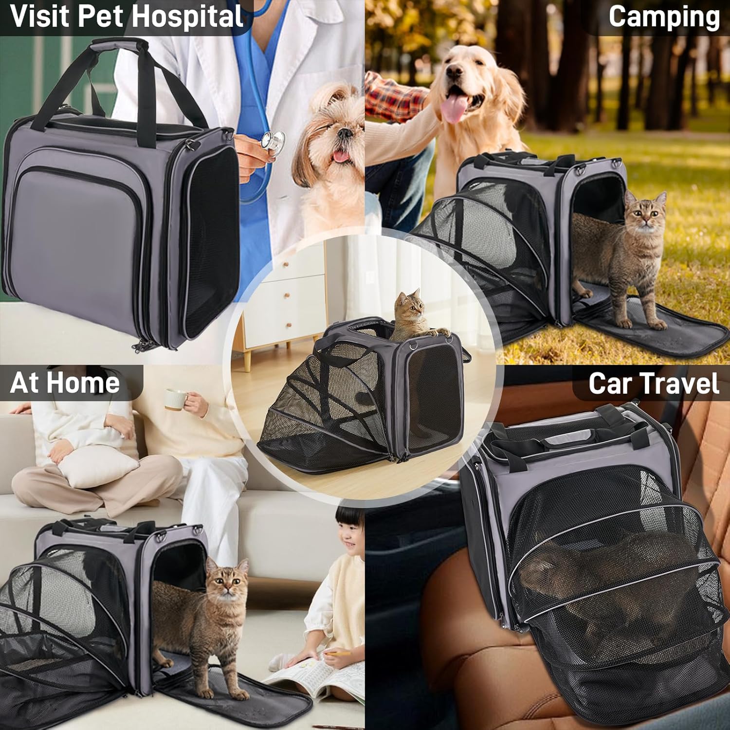 Transportador de viaje grande para gatos con caja de arena para gatos, transportador portátil expandible para gatos con caja de arena plegable a