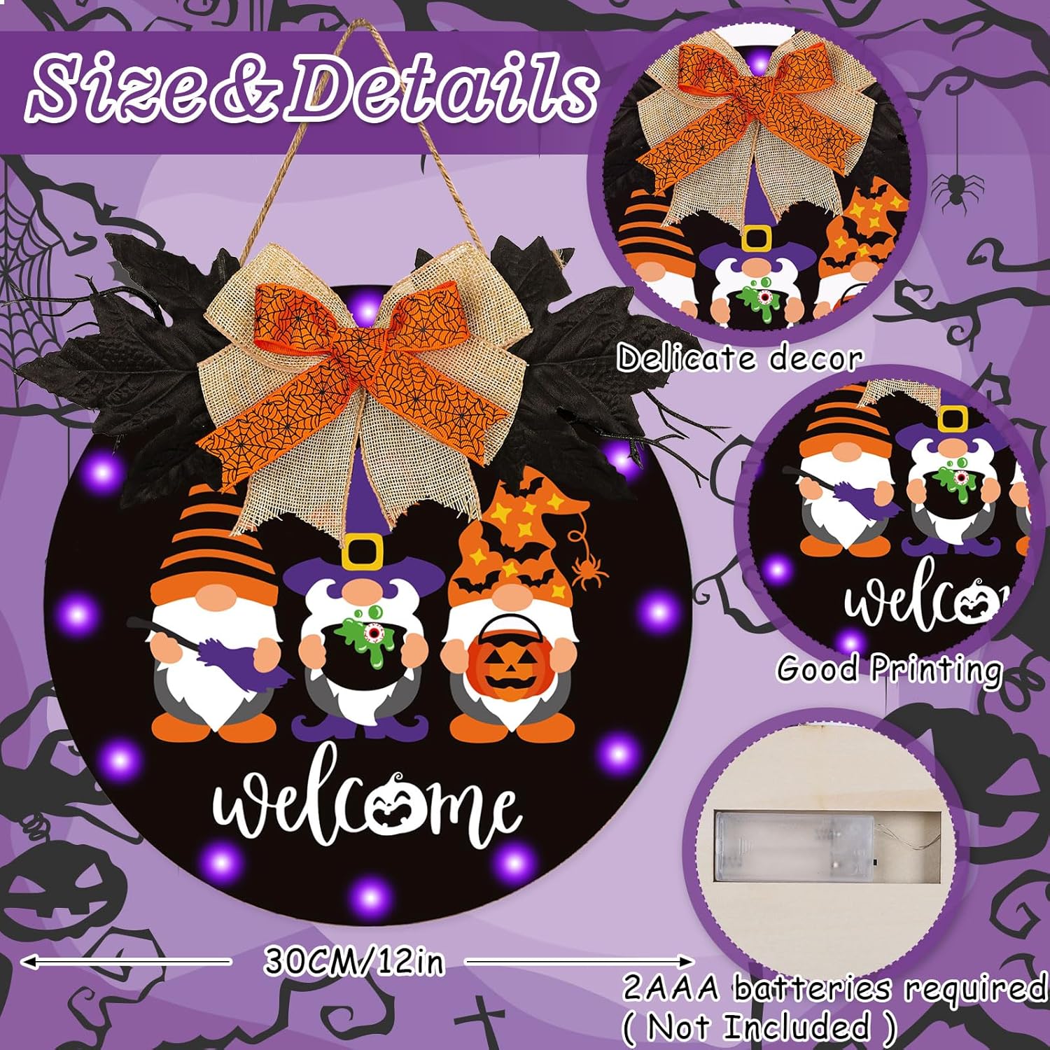 Whaline Letrero de puerta de bienvenida de gnomo de Halloween iluminado de madera con 12 luces LED, luz morada, colgador de puerta para el hogar,