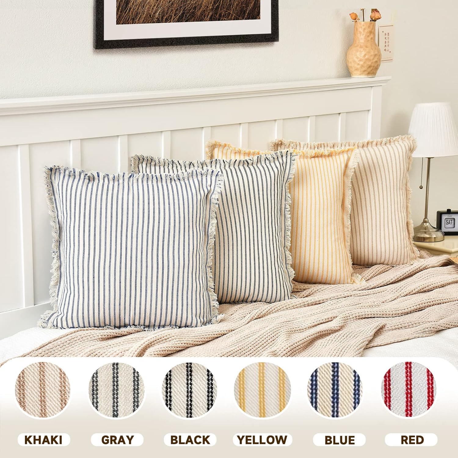 ZWJD Juego de 2 fundas de almohada de 18 x 18 pulgadas, a rayas con flecos, de algodón, decorativas, cuadradas, para sofá, cama, sala de estar,