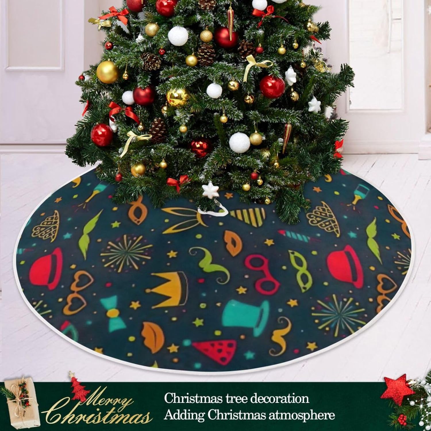 Faldones de árbol de carnaval con iconos divertidos para fiestas, 35.4 pulgadas, lavable a máquina, decoración del hogar