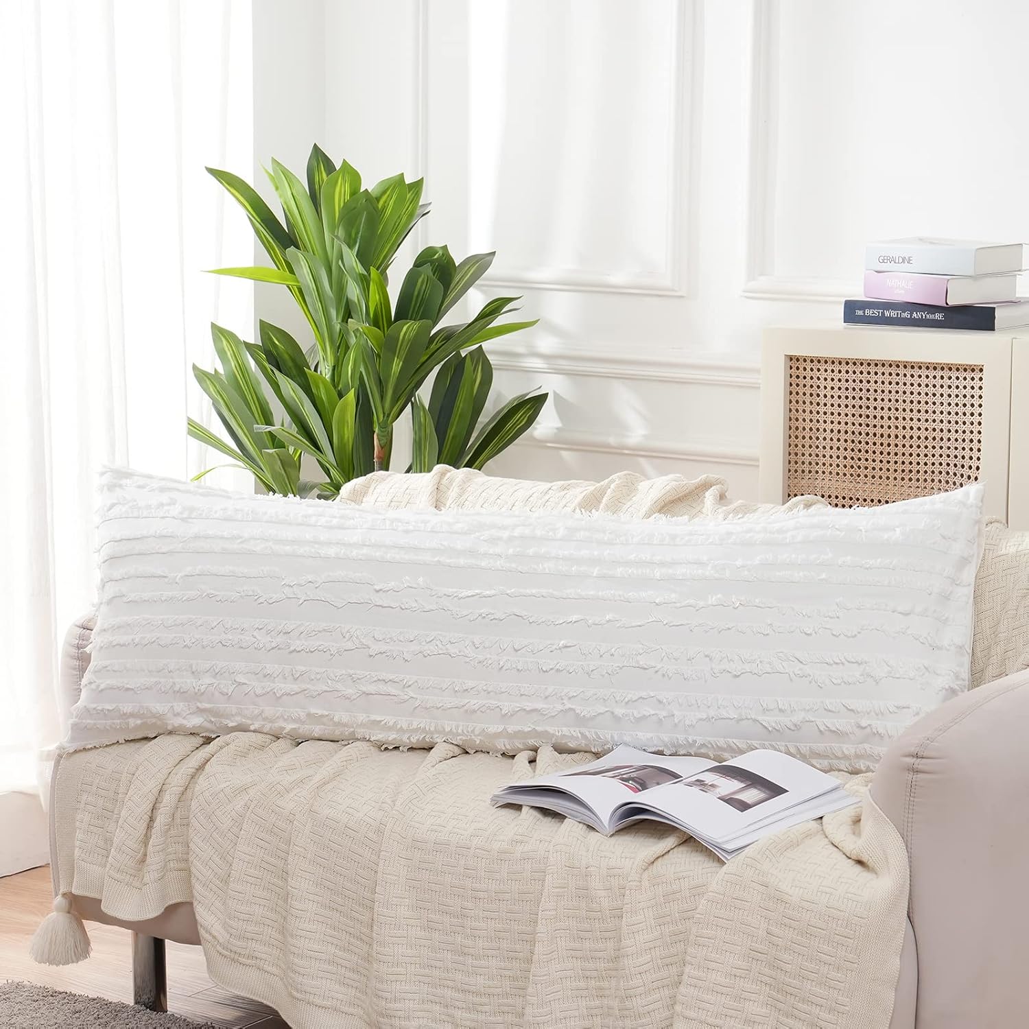 Herside Funda de almohada corporal, estilo bohemio, 100 % algodón, fundas de almohada blancas de 20 x 54 pulgadas, funda de almohada corporal de