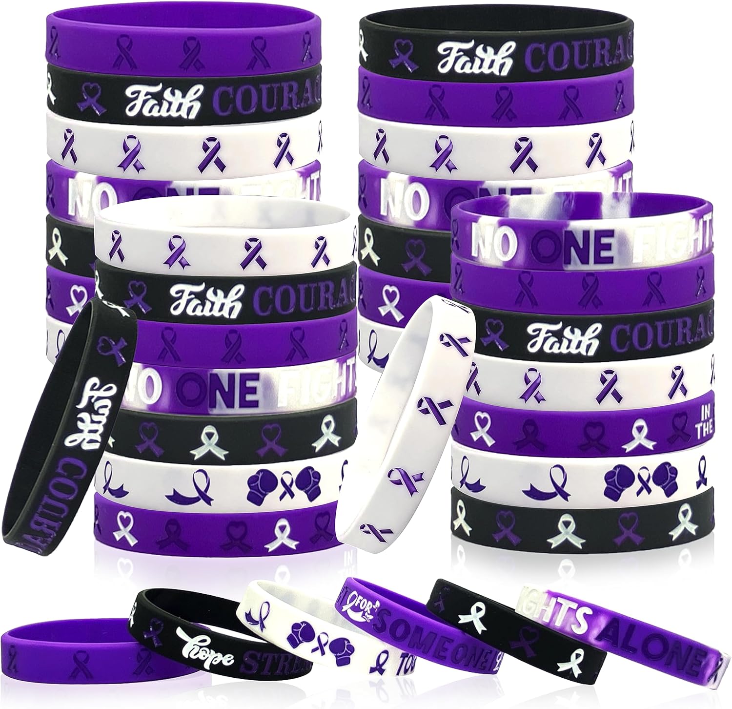 Pulseras de cinta morada, esperanza, fuerza, fe, coraje, conciencia de salud, pulseras de silicona unisex para aumentar la conciencia sobre el abuso