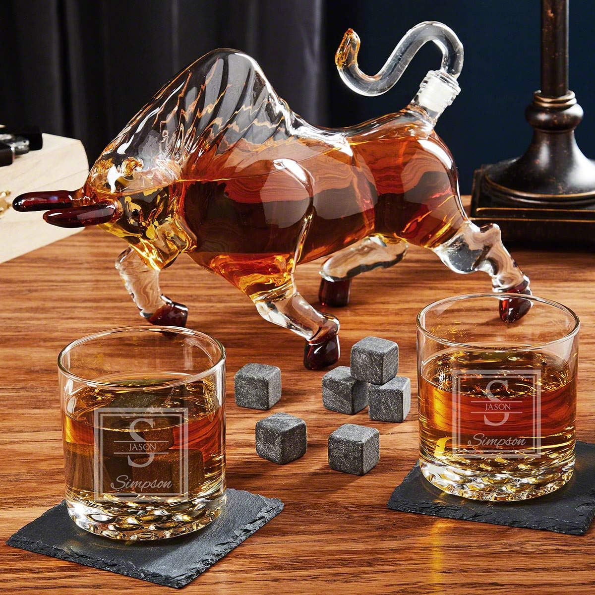Juego de vasos de whisky Buckman personalizados y decantador de whisky El Matador Bull (regalo personalizado)