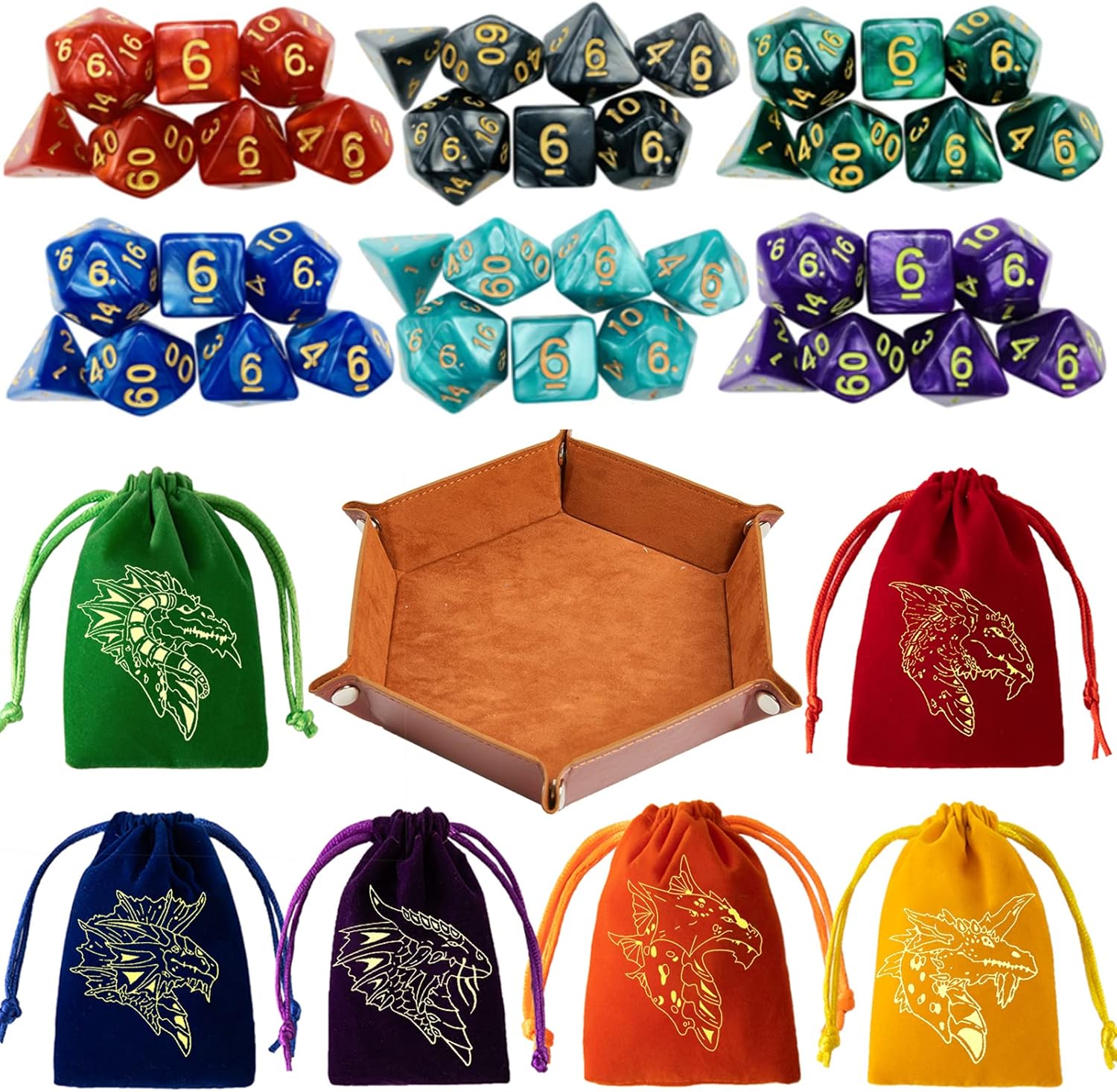 6 juegos de dados poliédricos DND Dungeons and Dragons Rolling Dice para juegos de mesa RPG MTG, dados a granel con seis bolsas con cordón y bandeja