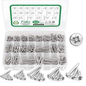 FOLIV Tornillos de madera de Philips de cabeza plana de acero inoxidable 620pcs, 4#6#8#10#12 Kit surtido de tornillos autorroscantes FOLIV Tornillos de madera de Philips de cabeza plana de acero inoxidable 620pcs, 4#6#8#10#12 Kit surtido de tornillos autorroscantes