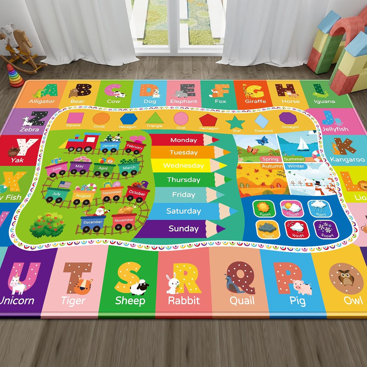 AKASISRUG Alfombra de juego para niños, colección Playtime ABC, forma, temporada, mes, semana, aprendizaje educativo para sala de juegos de niños,