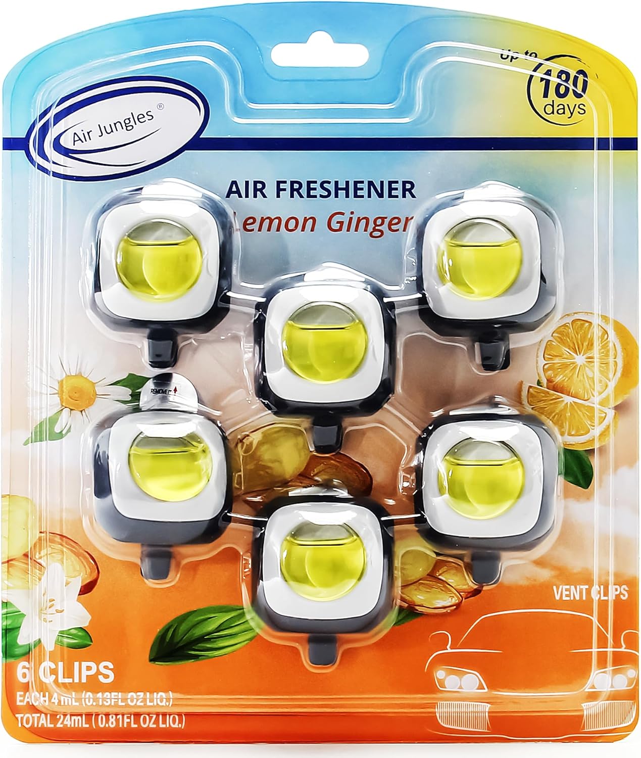 Air Jungles Clip para ambientador de automóvil con aroma a jengibre y limón, 6 clips de ventilación para ambientador, 0.1 fl oz cada uno,