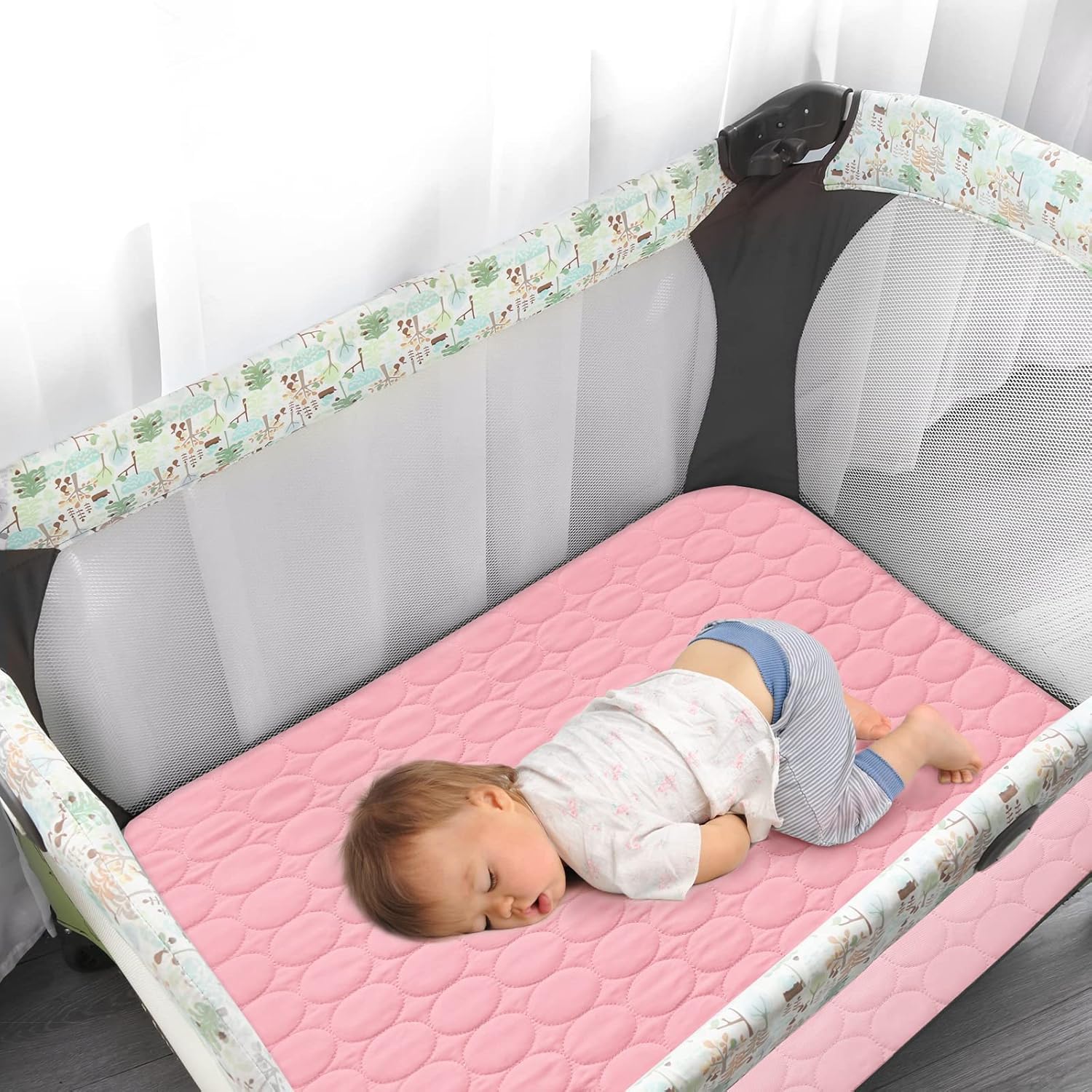 Pack and Play – Juego de 2 sábanas bajeras acolchadas, funda protectora de colchón de corral de 39 x 27 pulgadas, se adapta a colchón plegable y de