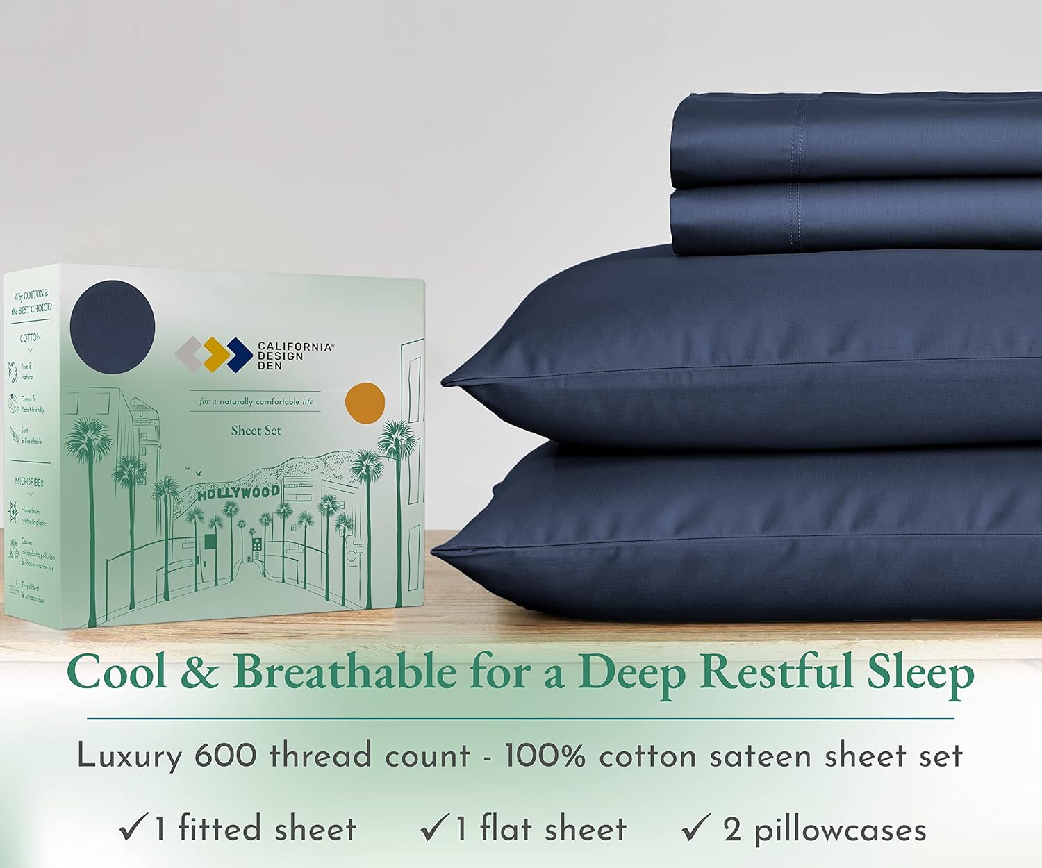 California Design Den Juego de sábanas de lujo de 4 piezas, 100% algodón, sábanas bajeras y encimeras de bolsillo profundo de 600 hilos, ropa de