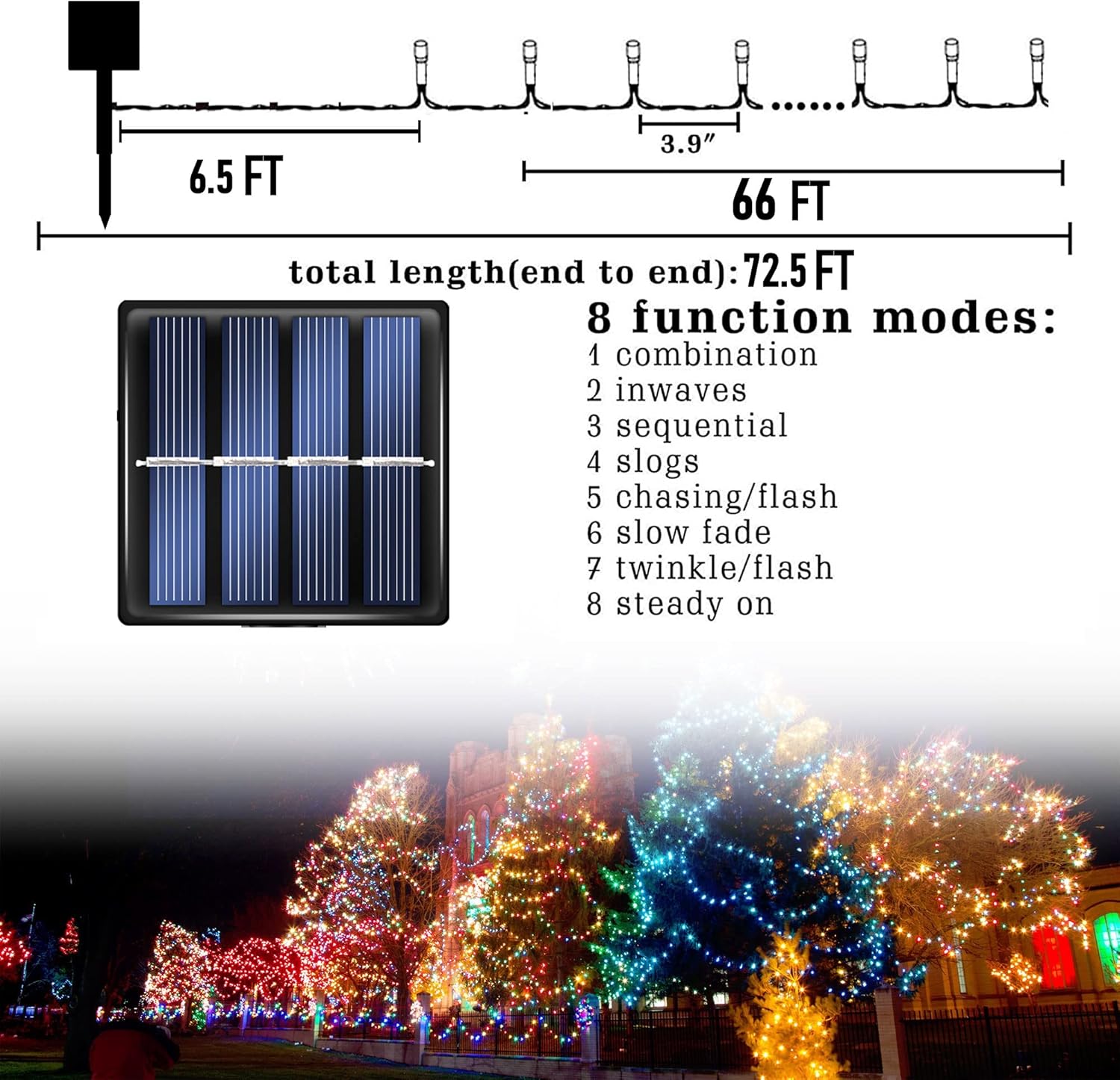 Dazzle Bright Paquete de 2 tiras solares de Navidad rojas de 400 LED de 132 pies para exteriores, funciona con energía solar con 8 modos de luces