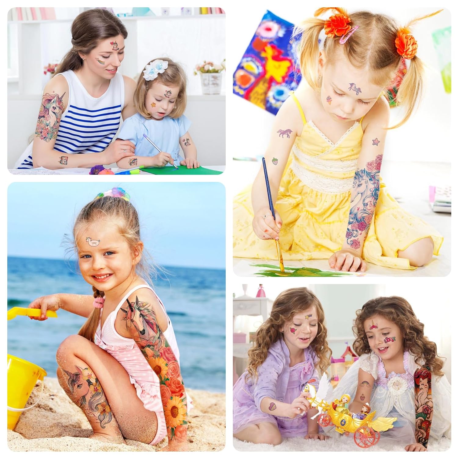 24 hojas de tatuajes falsos lindos para niñas, tatuaje colorido de medio brazo, tatuaje de manga, tatuajes pequeños, suministros de fiesta de