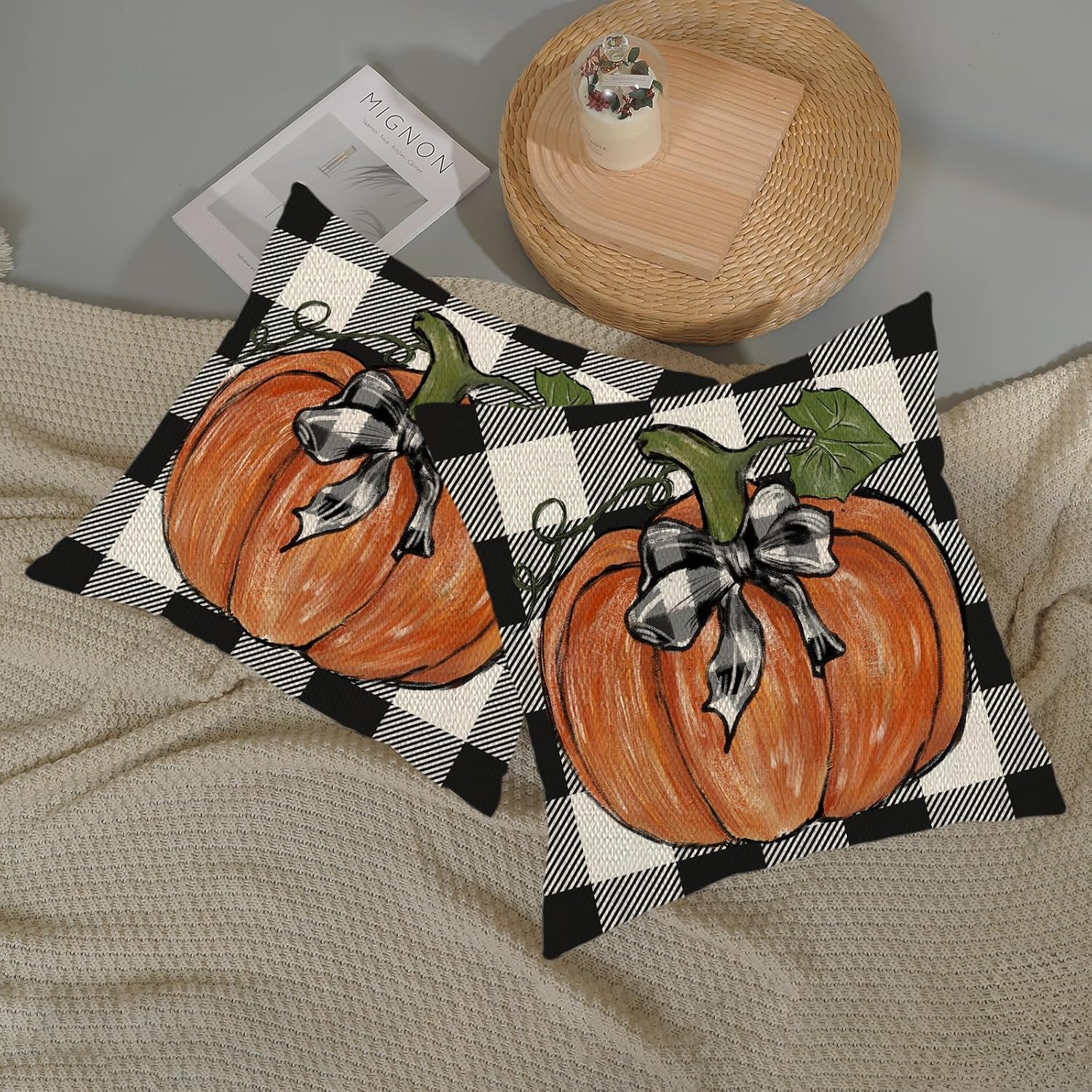 Juego de 2 fundas de almohada de otoño de 20 x 20 pulgadas, hojas de arce de calabaza y búfalo a cuadros, decoración de otoño, de lino, para Acción
