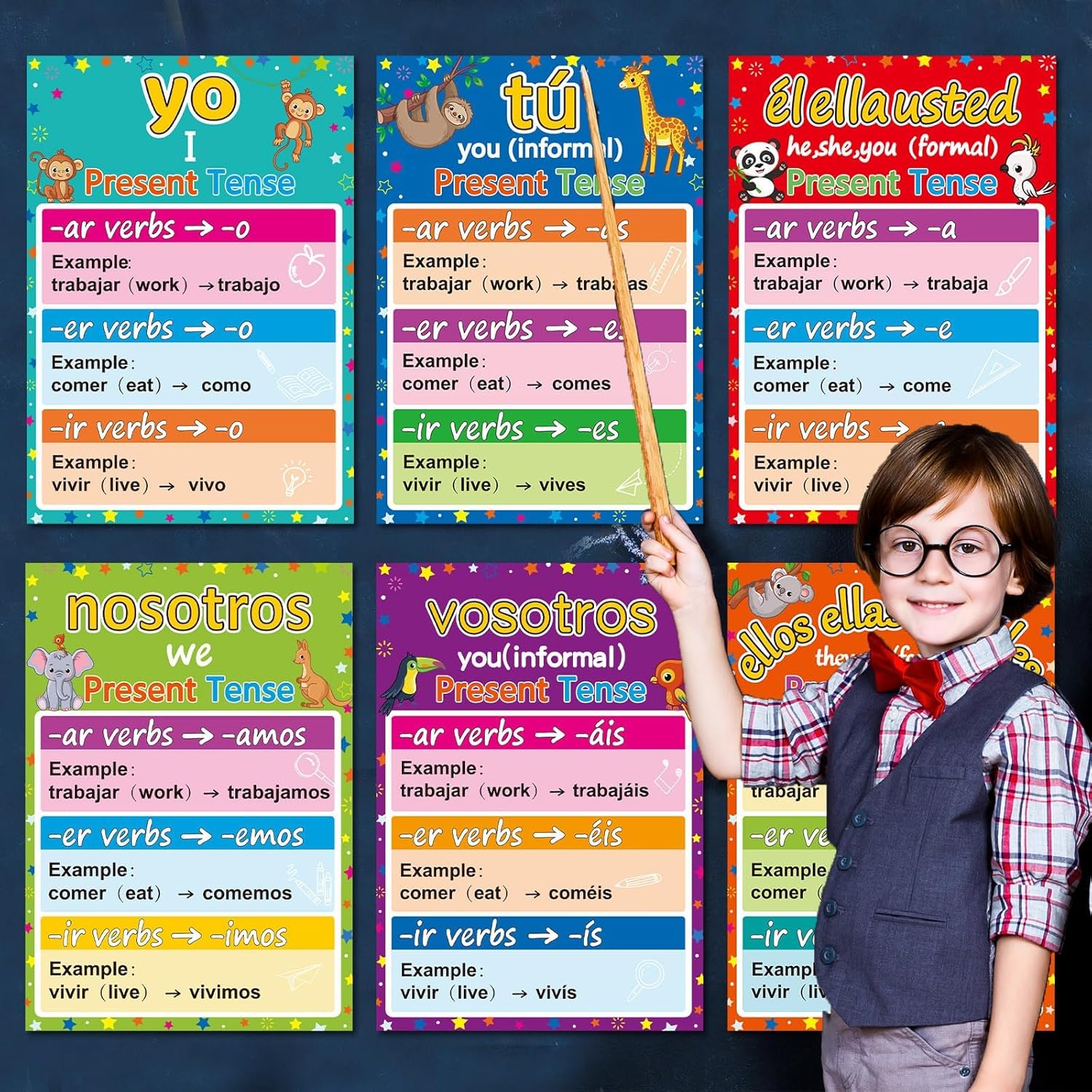 gisgfim 6 pósteres de conjugación de verbos en español, decoración de gramática española de color para decoración de aula de escuela primaria, media