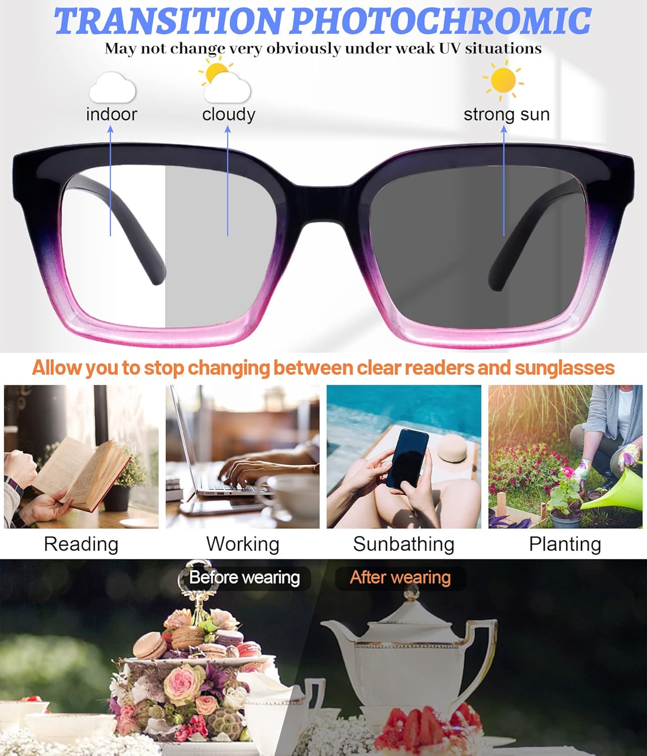 MARE AZZURO Gafas de lectura fotocrómicas para mujer, con bloqueo de luz azul, lectores de gran tamaño, 1.0, 1.5, 2.0, 2.5, 3.0, 3.5, 4.0,