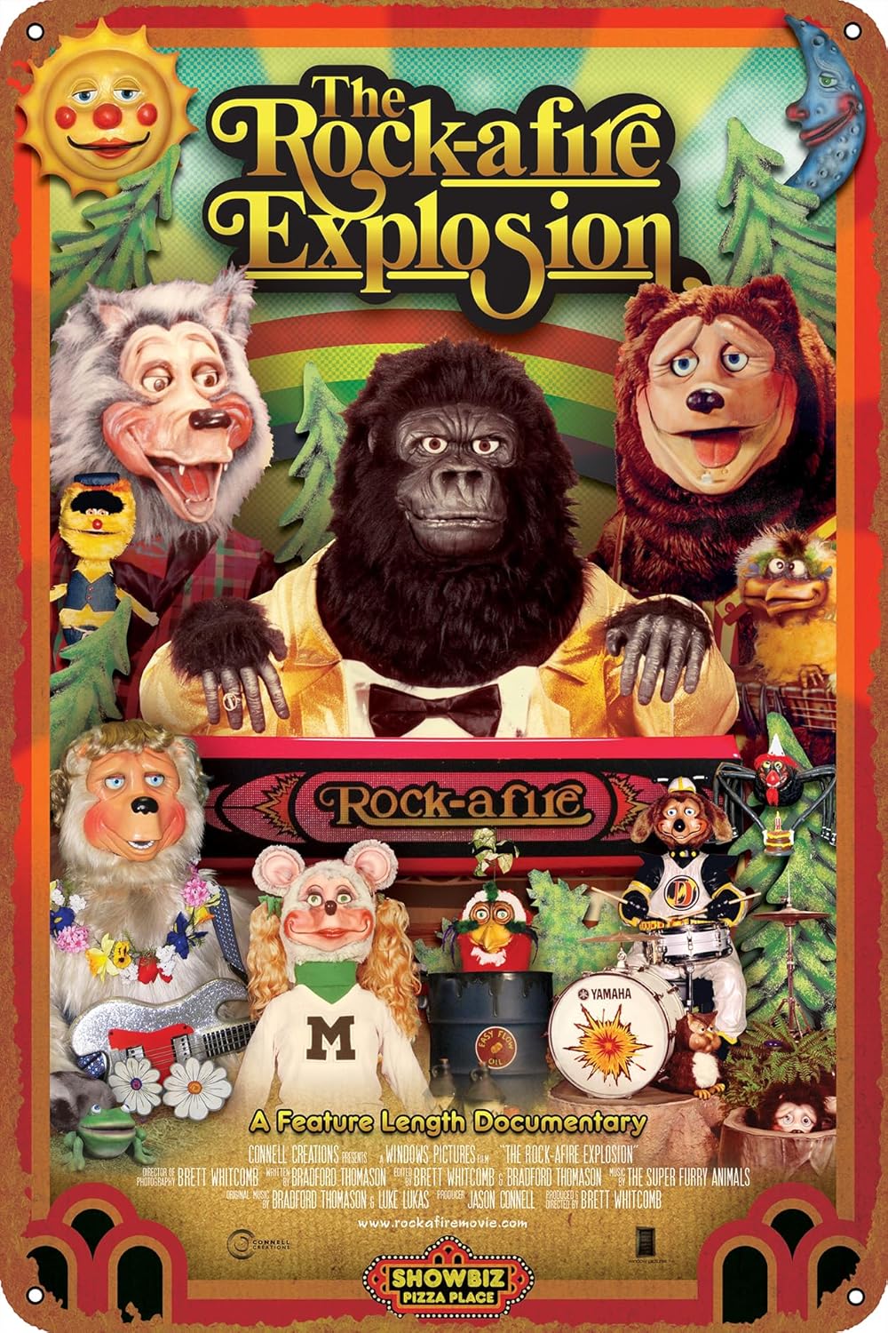 Letrero de metal con texto en inglés “The Rock-afire Explosion” para decoración de pared, póster de película para tienda de autos antiguos, cartel