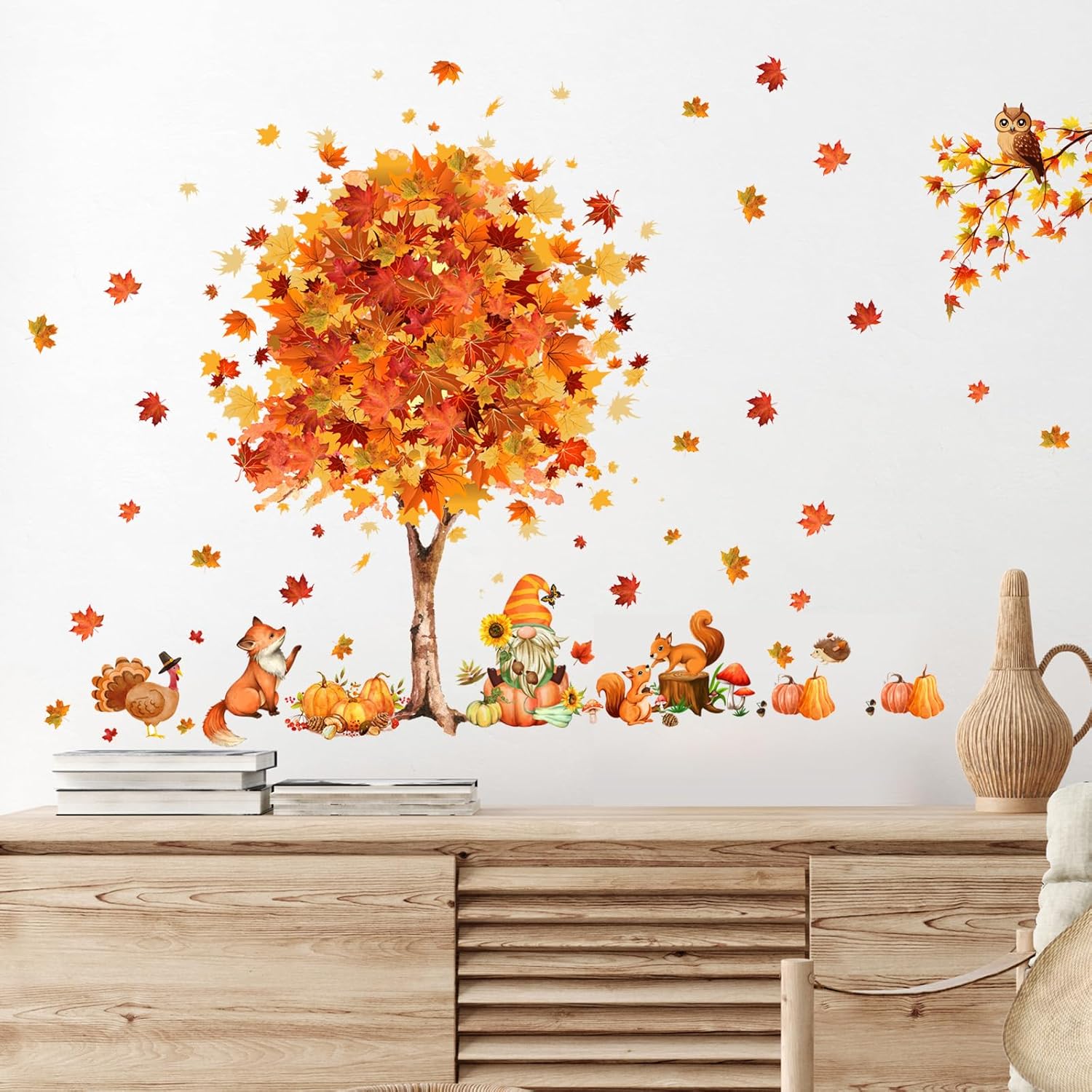 Calcomanías de pared de árbol de Acción de Gracias de gran tamaño, calcomanías de pared de hojas de arce, cosecha de otoño, calabaza, árbol,