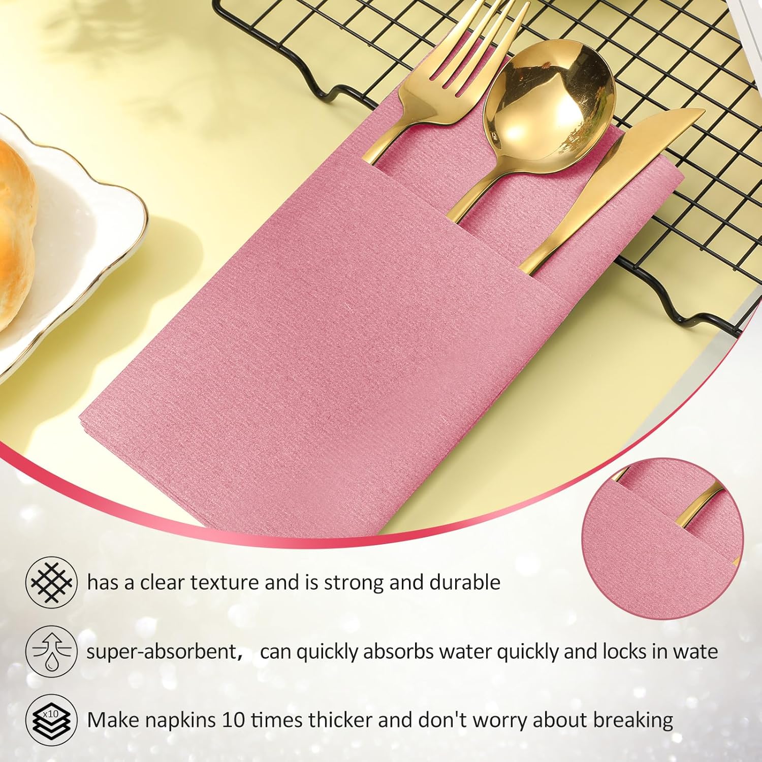 Servilletas desechables de papel Airlaid con tacto de lino, servilletas de papel preplegadas con bolsillo integrado para cubiertos para cubiertos,