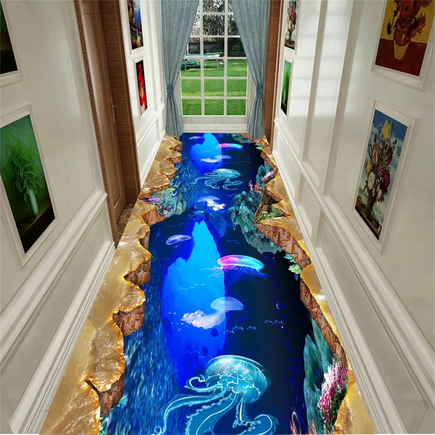 Alfombra de corredor de animales marinos, 2.6 x 10 pies, hermosa alfombra 3D de medusas del mundo submarino, alfombra de pasillo de ilusión óptica