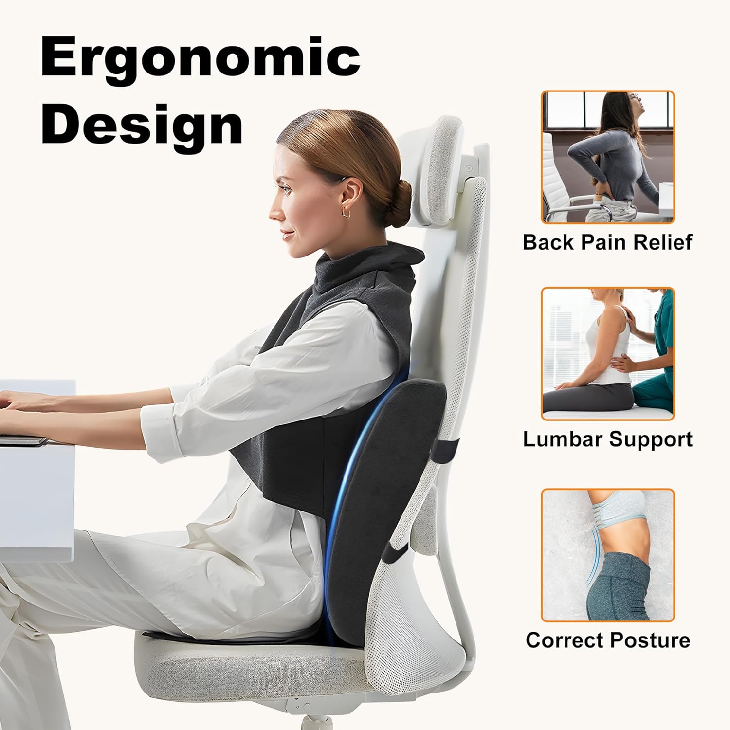 Almohada de apoyo lumbar para silla de oficina, almohada de apoyo de espalda calentada con vibración, masajeador de espalda para aliviar el dolor,